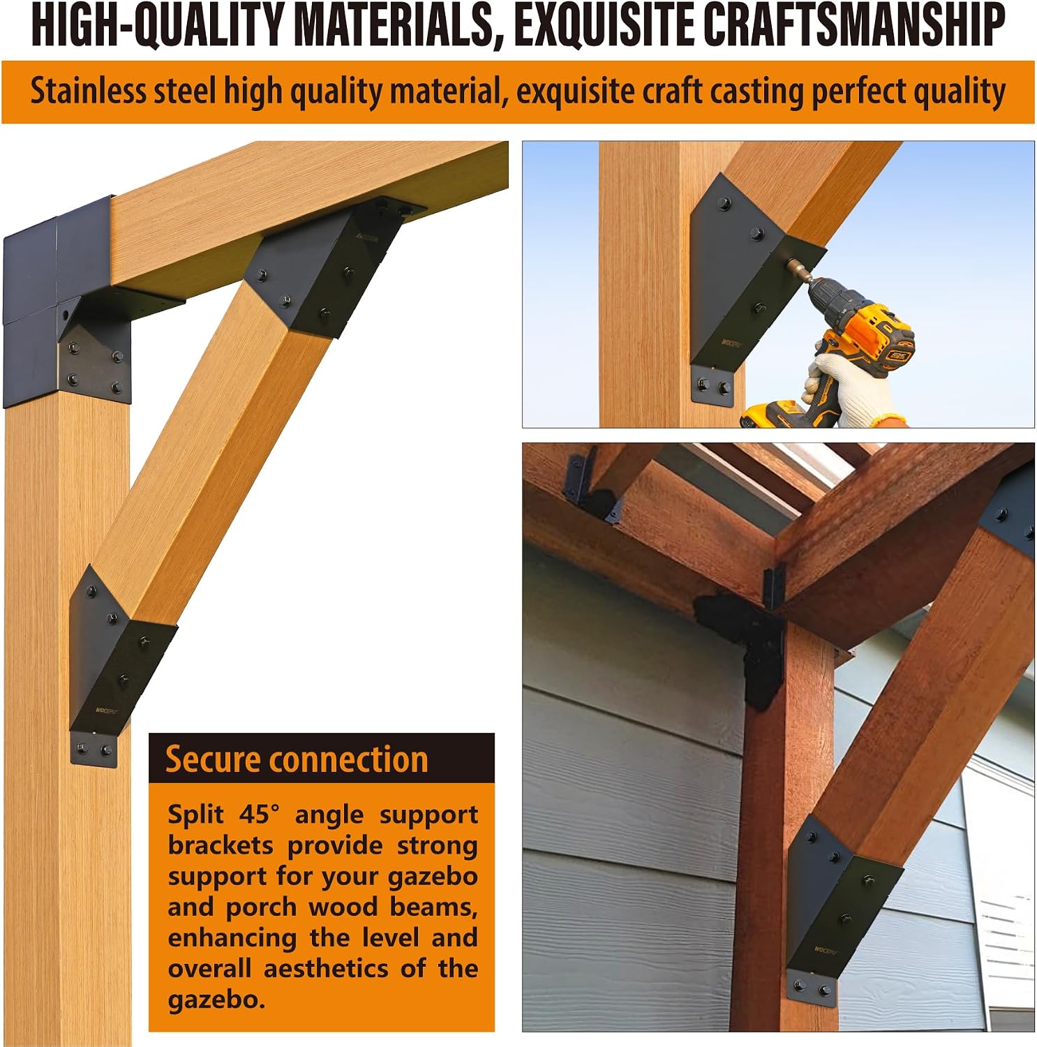 4pack 45 Degree Angle Support Bracket, for 4x6 (Actual 3.5''x5.5'') Pergolas, Gazebo, Deck Porch, Cabin Elevated Wood Support Kit (Frosted-Black)