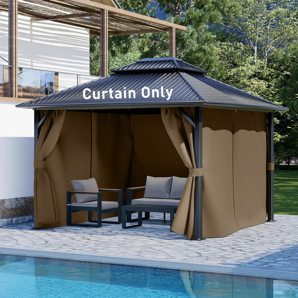 Aoodor 12x16 ft Outdoor Gazebo Curtains, 4 Panels Waterproof Privacy Sidewall Replacement with Zipper for Patio Pergola and Canopy, Light Coffee