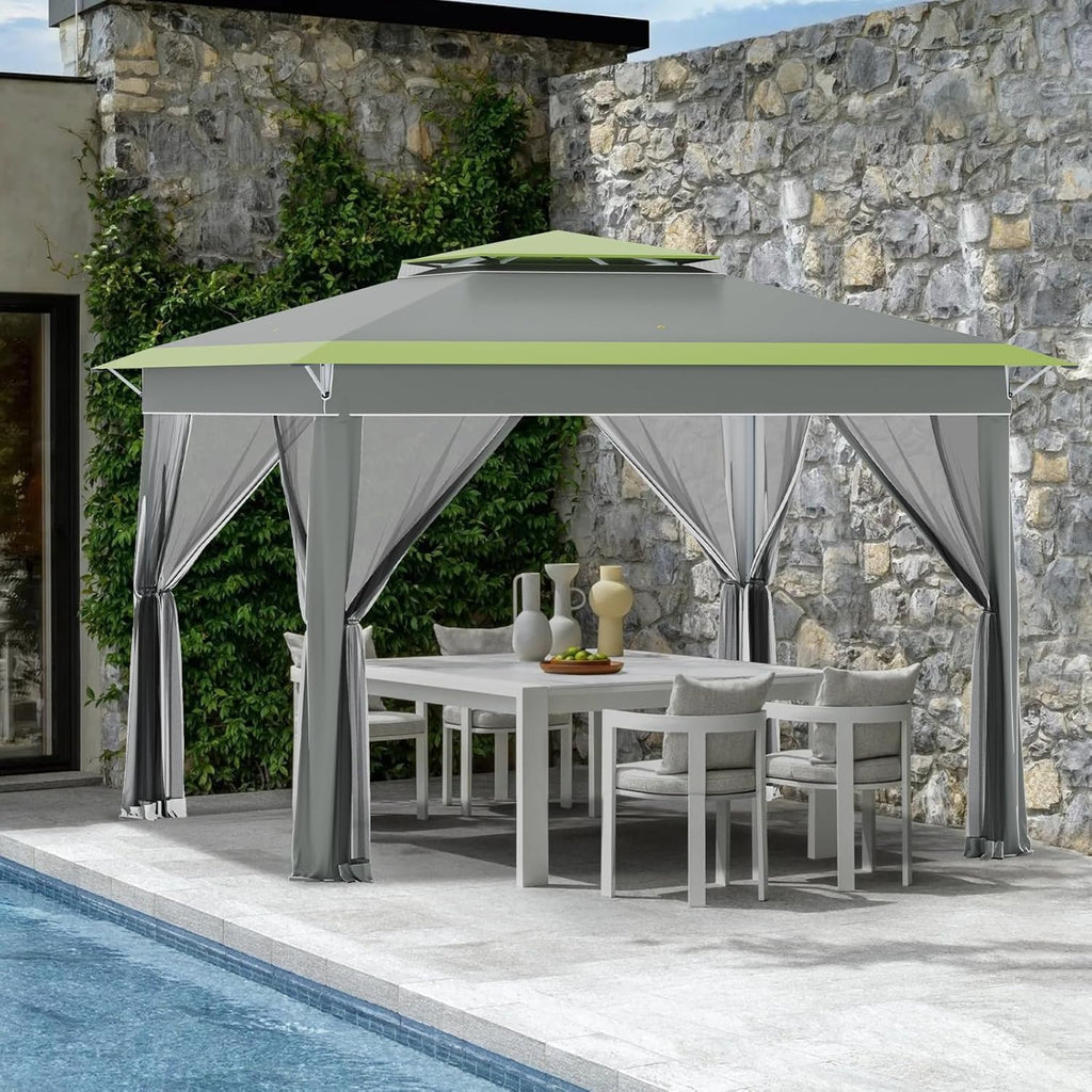 ECOTOUGE 11x11 FT Pop Up Canopy Tent with Mosquito Nettings, Patio Party Instant Shelte Gazebo w/Carrying Roller Bag Waterproof and UV Resistant for Outdoor Garden, Grill and Backyard, Grey-Green