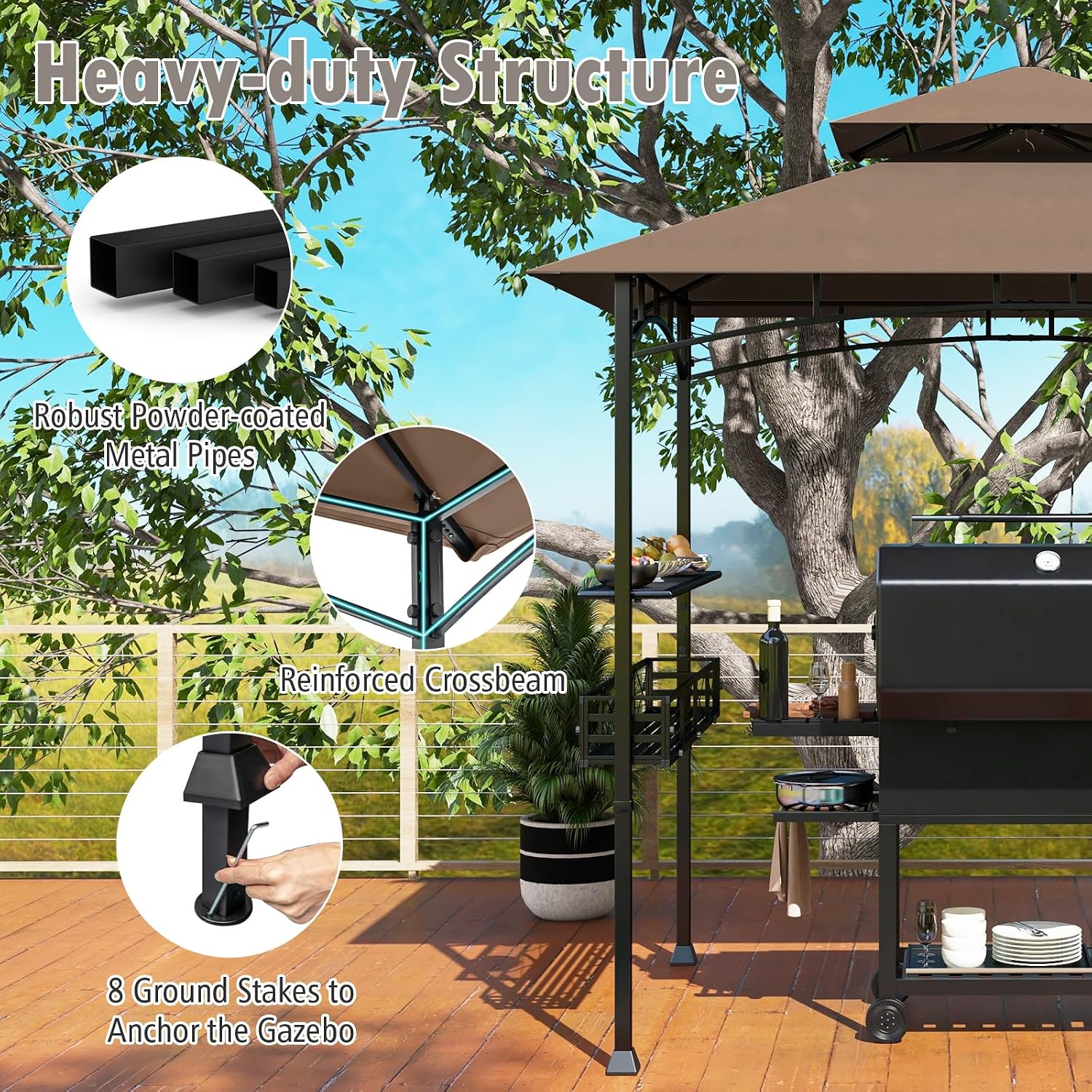 HAPPYGRILL 8 x 5 FT BBQ Grill Gazebo with 2 Side Shelves, Storage Basket, Hanging Hooks, Bottle Opener, Double-Tiered Top, Metal Frame, Outdoor Barbecue Canopy, Grilling Shelter for Patio Garden Yard