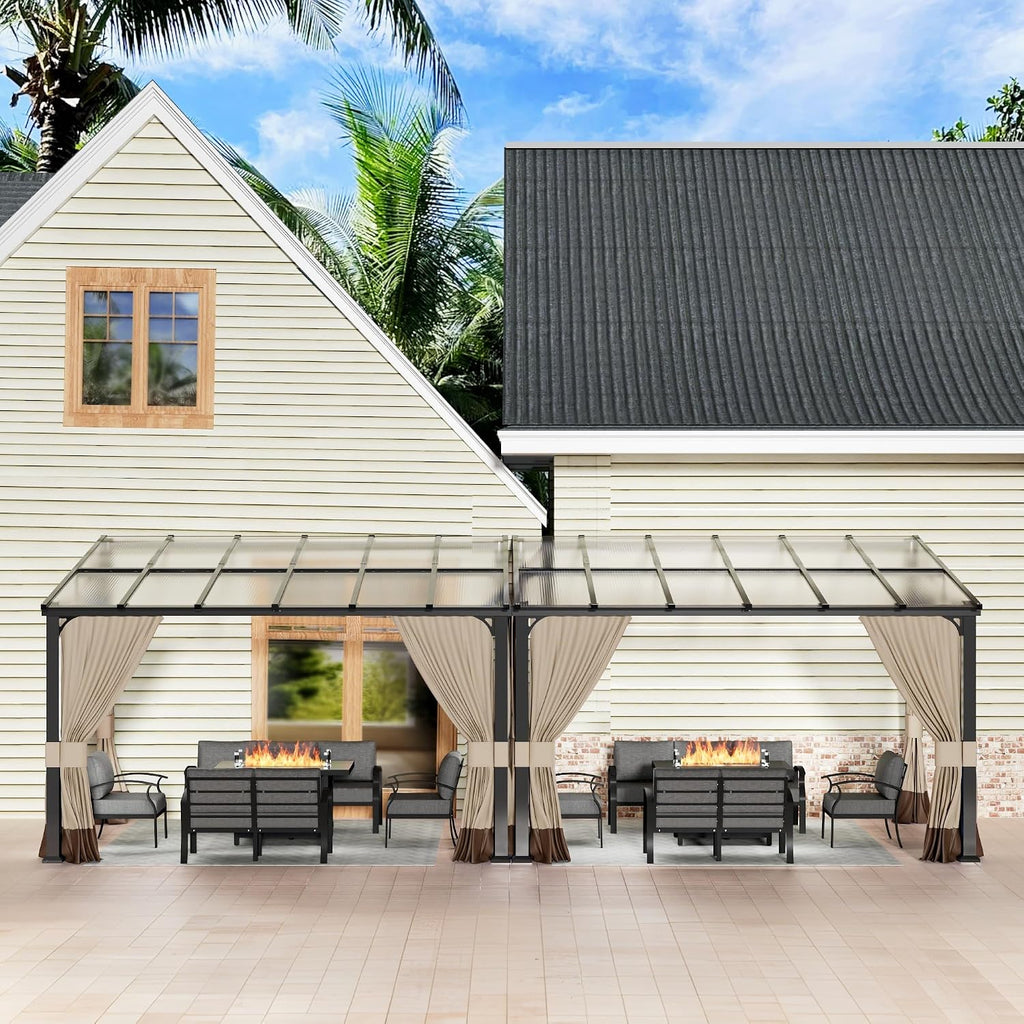 10' x 24' Gazebo for Patio,Wall Mounted Gazebo with Sloping Polycarbonate Roof,Aluminum Frame Outdoor pelgole w/Netting & Curtain for Garden,Backyard,Khaki