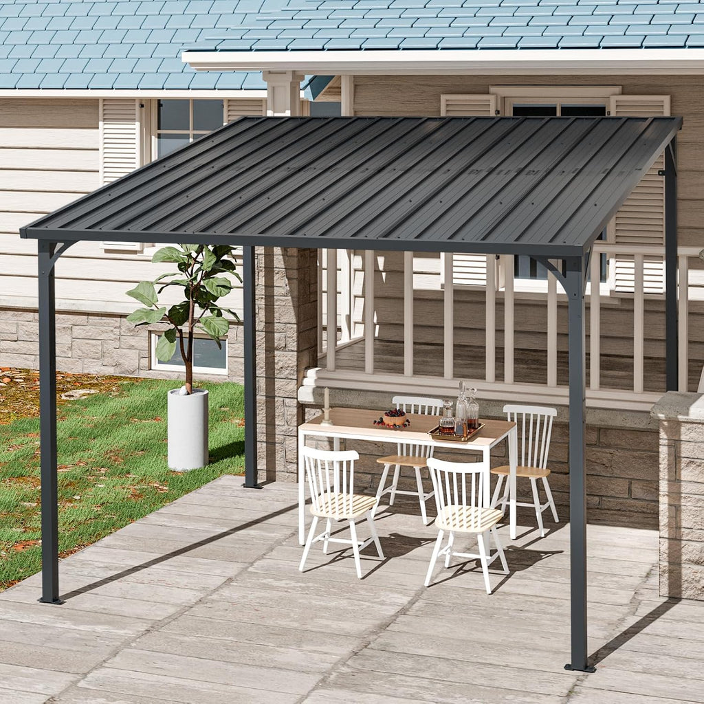 Patio Lean to Gazebo with Galvanized Steel Roof, 8x10 FT Outdoor Metal Wall-Mounted Pergola for Garden, Lawn, Poolside, Backyard Deck
