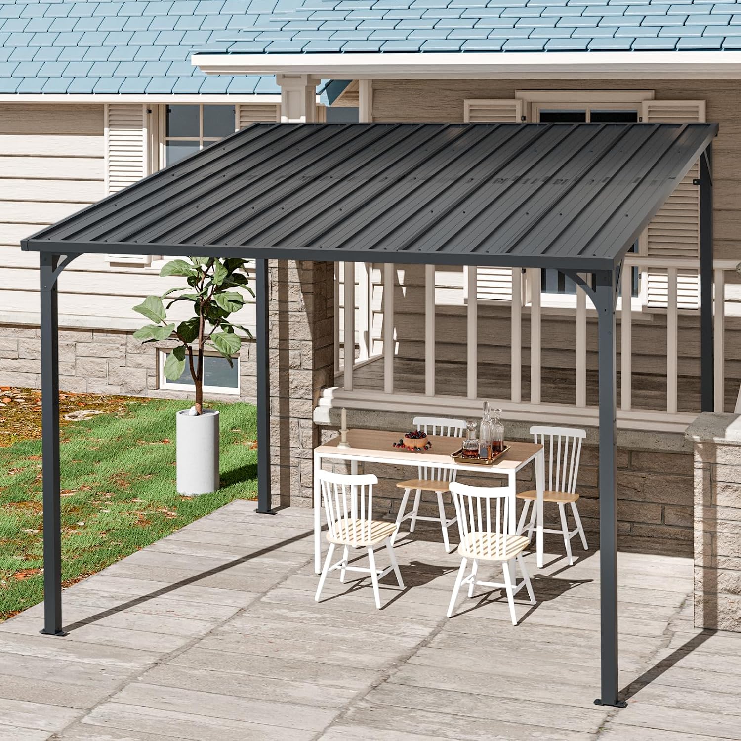Patio Lean to Gazebo with Galvanized Steel Roof, 8x10 FT Outdoor Metal Wall-Mounted Pergola for Garden, Lawn, Poolside, Backyard Deck