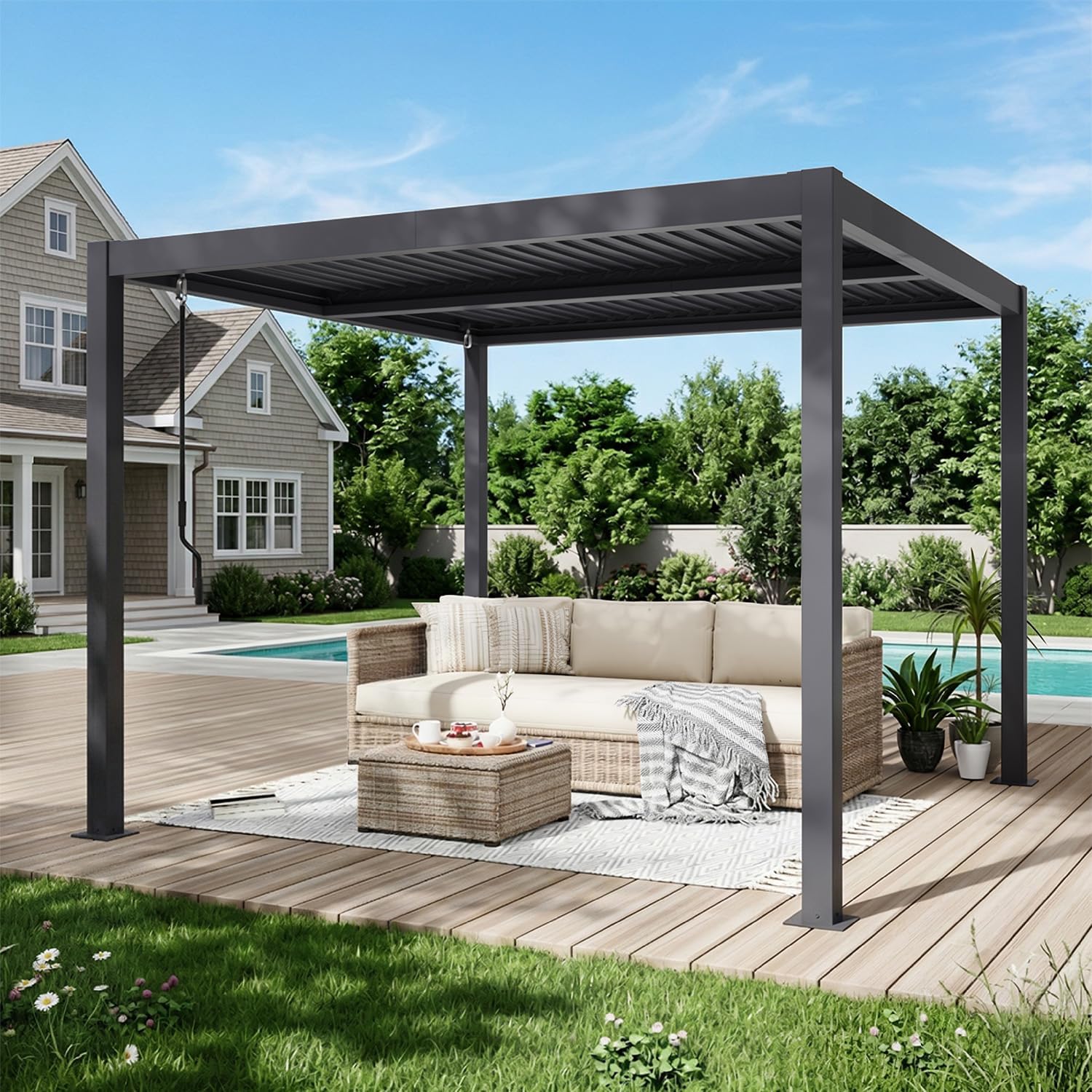 Louvered Pergola 10x10ft, Metal Hardtop Pergola with Adjustable Roof for Sun & Rain Shade, Outdoor Gazebo with Integrated Drainage System, Modern Rustproof Patio Canopy Carport