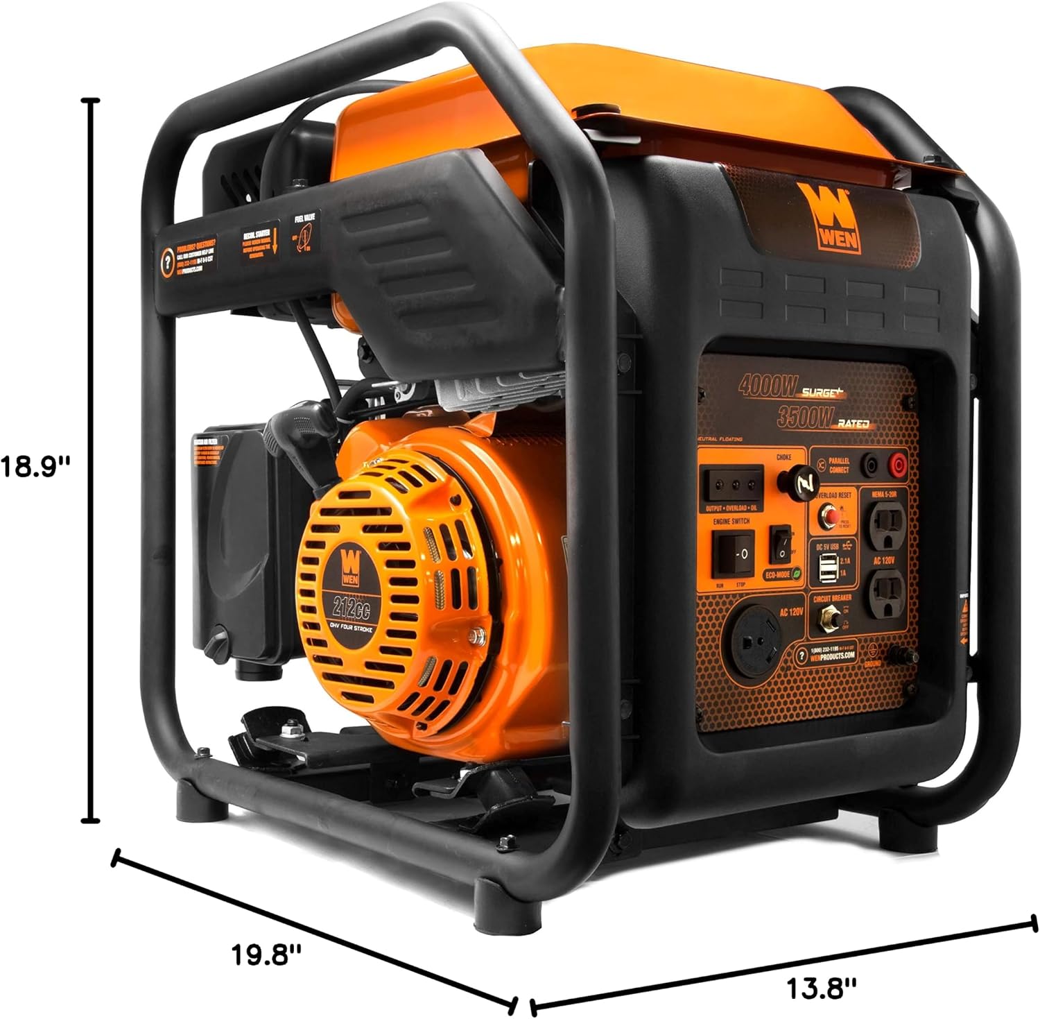 WEN GN400i RV-Ready 4000-Watt Open Frame Inverter Generator, CARB Compliant, Black/orange