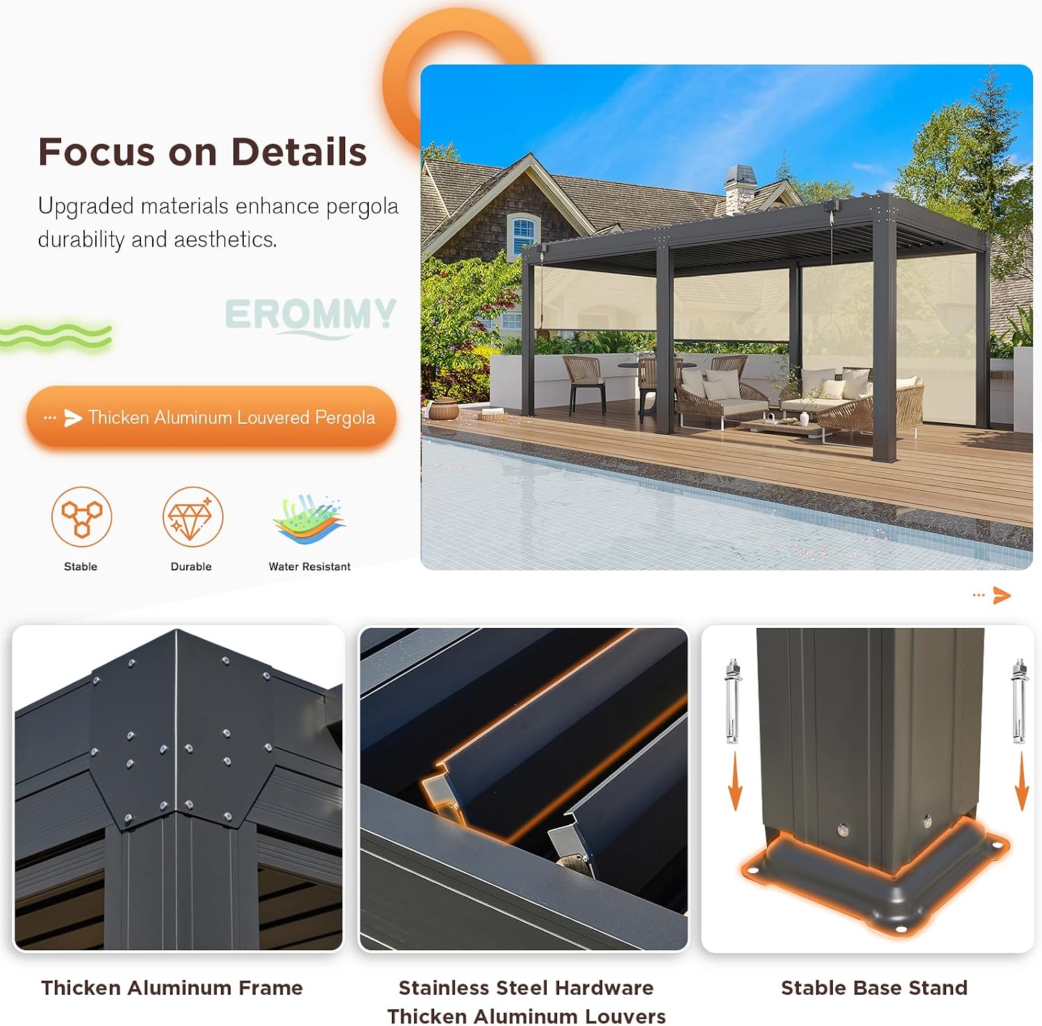 EROMMY 10x20 Louvered Pergola with Side Pull-Down Screen, Outdoor Aluminum Pergola with Thickened Frame and Adjustable Metal Rainproof Roof for Deck Patio Garden Yard, Black-Gray