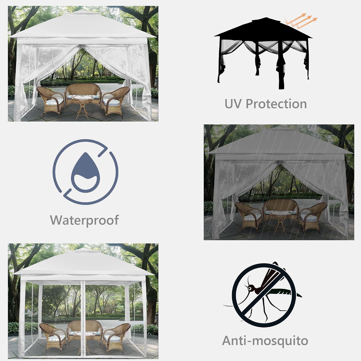 11x11 Pop Up Camping Shelters Tent, Outdoor Tent with Netting, Outdoor Shelters for Backyard, Screen House with Wheeled Cover Bag, White.