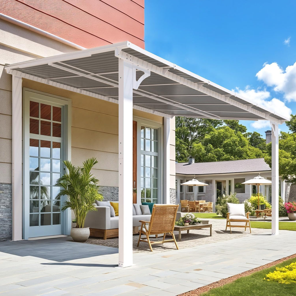 AECOJOY 12' x 8' Outdoor Gazebo Pergola for Patio, Large White Hardtop Lean to 8x12 Gazebo Shelter Pergolas and Gazebos Clearance with Patio Roof, Wall-Mounted Heavy Duty Awnings for Backyard