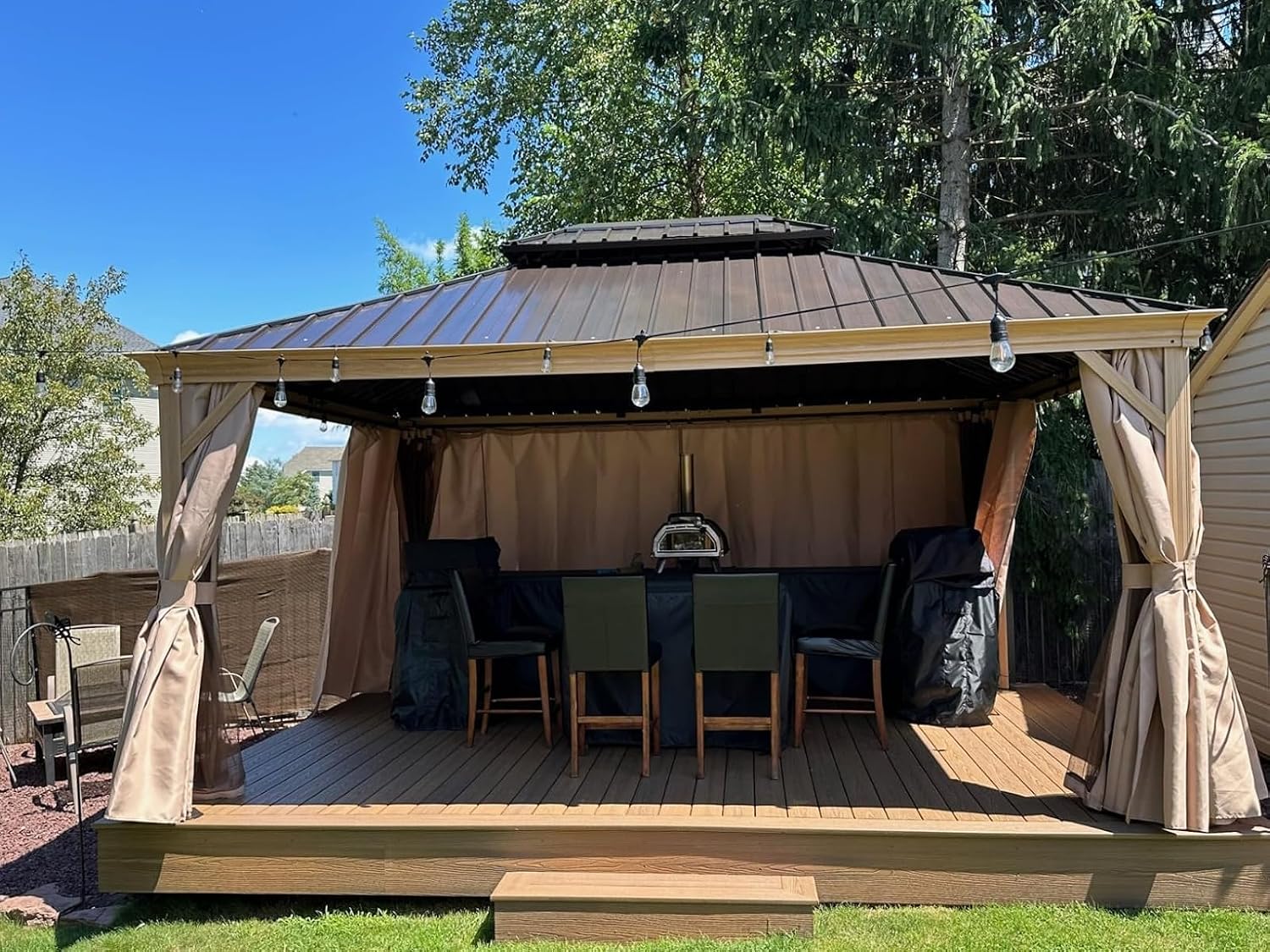 Domi 12x14 Outdoor Gazebo, Hardtop Gazebo with Aluminum Frame, Heavy Duty Pavilion Gazebo for Patio Deck Backyard, Curtain and Netting Included, Dark Brown