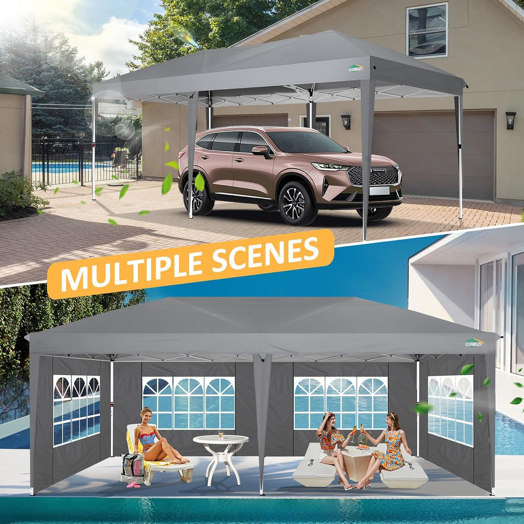 COBIZI 10x20 Pop Up Canopy Tent with 6 Sidewalls Party Tents for Parties Weddings Backyard Waterproof Commercial Instant Outdoor Events Tent with Stakes, Ropes（10 x 20 ft Gray