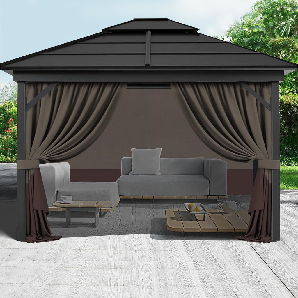 Gazebo Privacy Curtains 10' x 12' with Zipper 4-Panels Side Wall Universal Replacement for Patio, Outdoor Canopy, Garden and Backyard Khaki and Brown (Curtain Only)