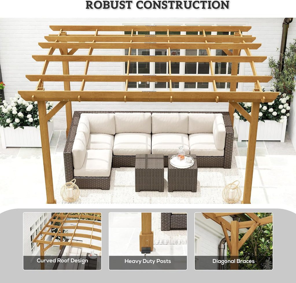 Outsunny 10' x 12' Outdoor Pergola with Arched Roof for Climbing Plant Support, Wood Gazebo Grape Trellis with Stable Structure, Concrete Anchors for Patio, Garden, Deck, Backyard, Dark Brown