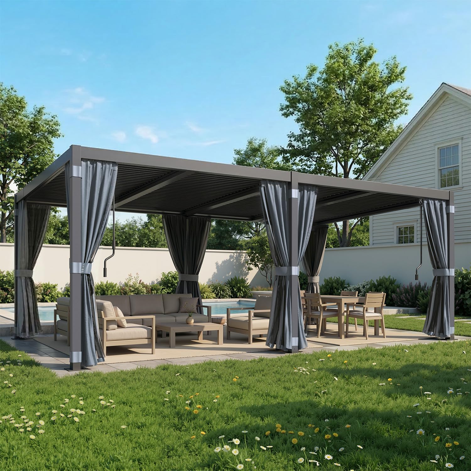 MELLCOM Louvered Pergola 12x20, Steel Aluminum Pergola with Adjustable Louvered Roofs, Outdoor Gazebo with Waterproof Curtains and Nets, Black