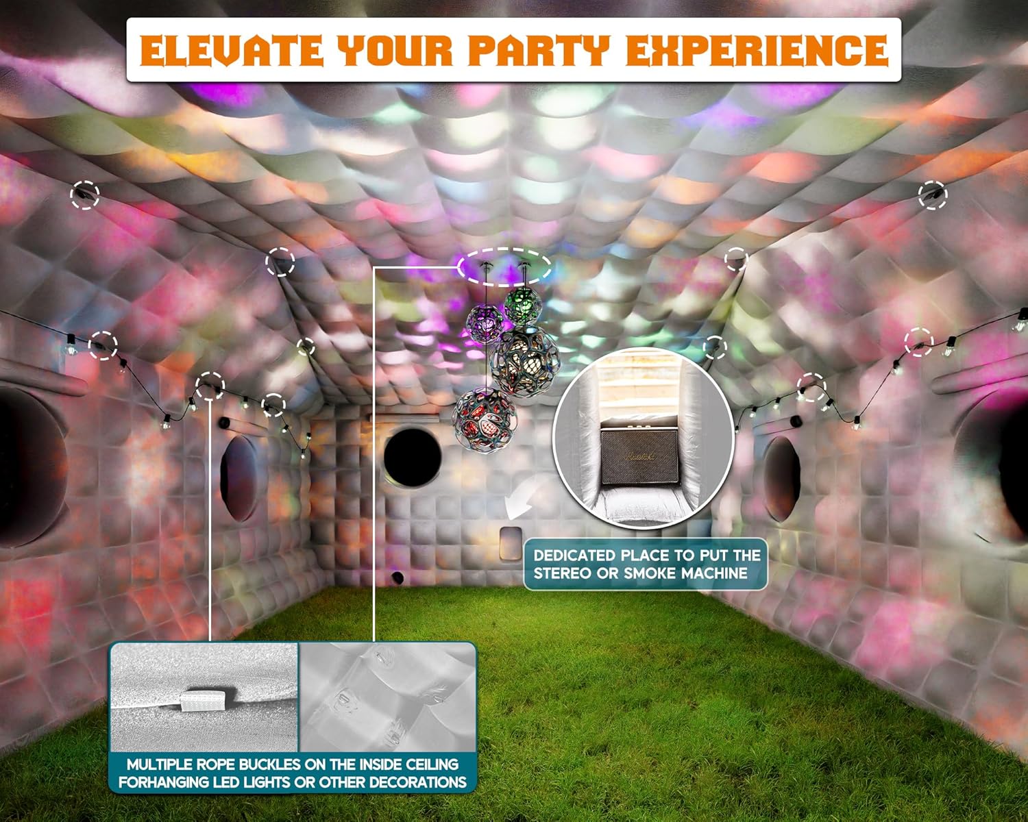 SPECRAFT 33x20x13 FT Large Inflatable Night Club Tent for Adults, Space Capsule Inflatable Nightclub with 6 Windows & Movie Screen Hooks, Event Tent for Backyard Party, Silver