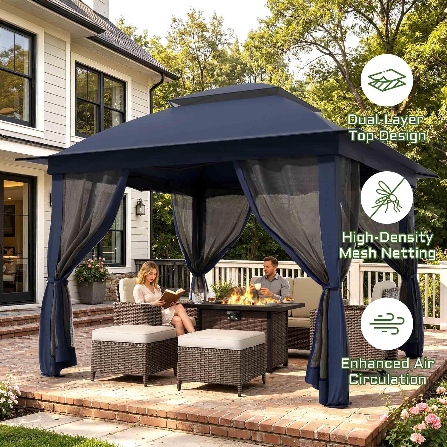 11'X11' Gazebo Pop Up with 4 Sidewalls Mosquito Netting, Heavy Duty Patio Gazebo Canopy Tent with Double Air Roofs for Backyards, Patios, Decks, Gardens, Parks
