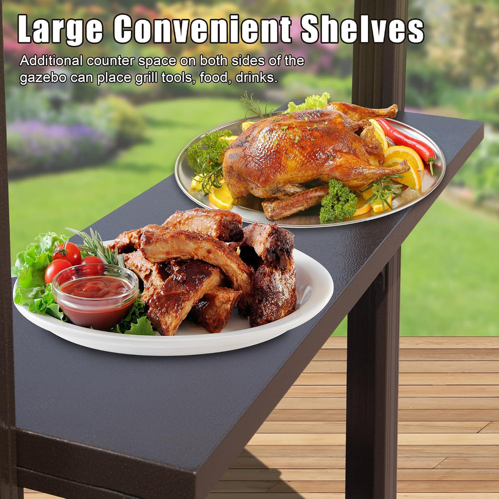 Domi 8x5FT Hardtop Grill Gazebo, Outdoor BBQ Gazebo with 2 Side Shelves and Bottle Opener, Outdoor Grill Canopy with Galvanized Steel Double Roof for Patio Lawn Backyard Deck, Brown