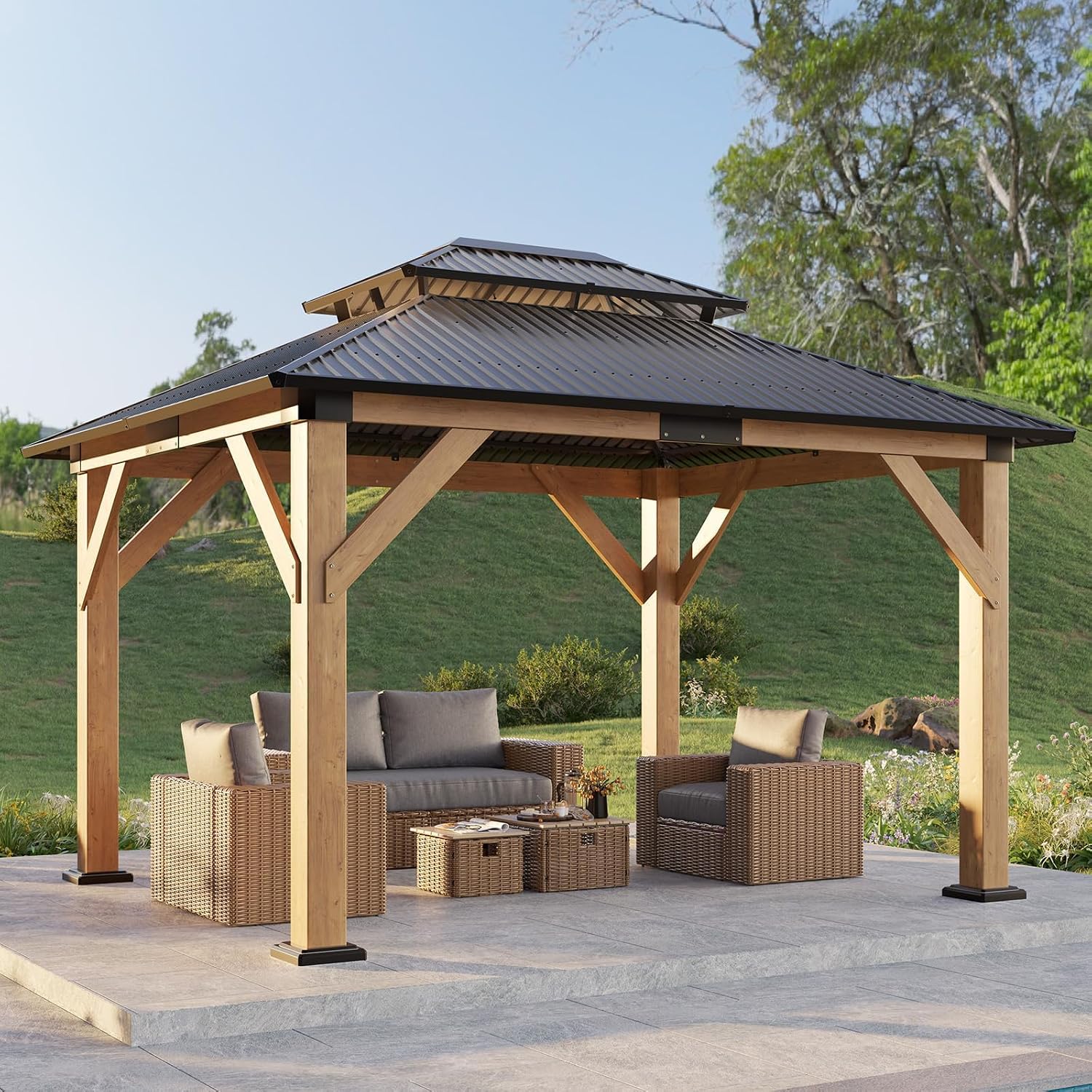 LUXOAK 10x12 FT Wood Gazebo, Outdoor Hardtop Gazebo with Aluminum Double Roof, Outdoor Wooden Pavilion for Parties, Backyard, Patio, Lawns, Black + Natural Wood