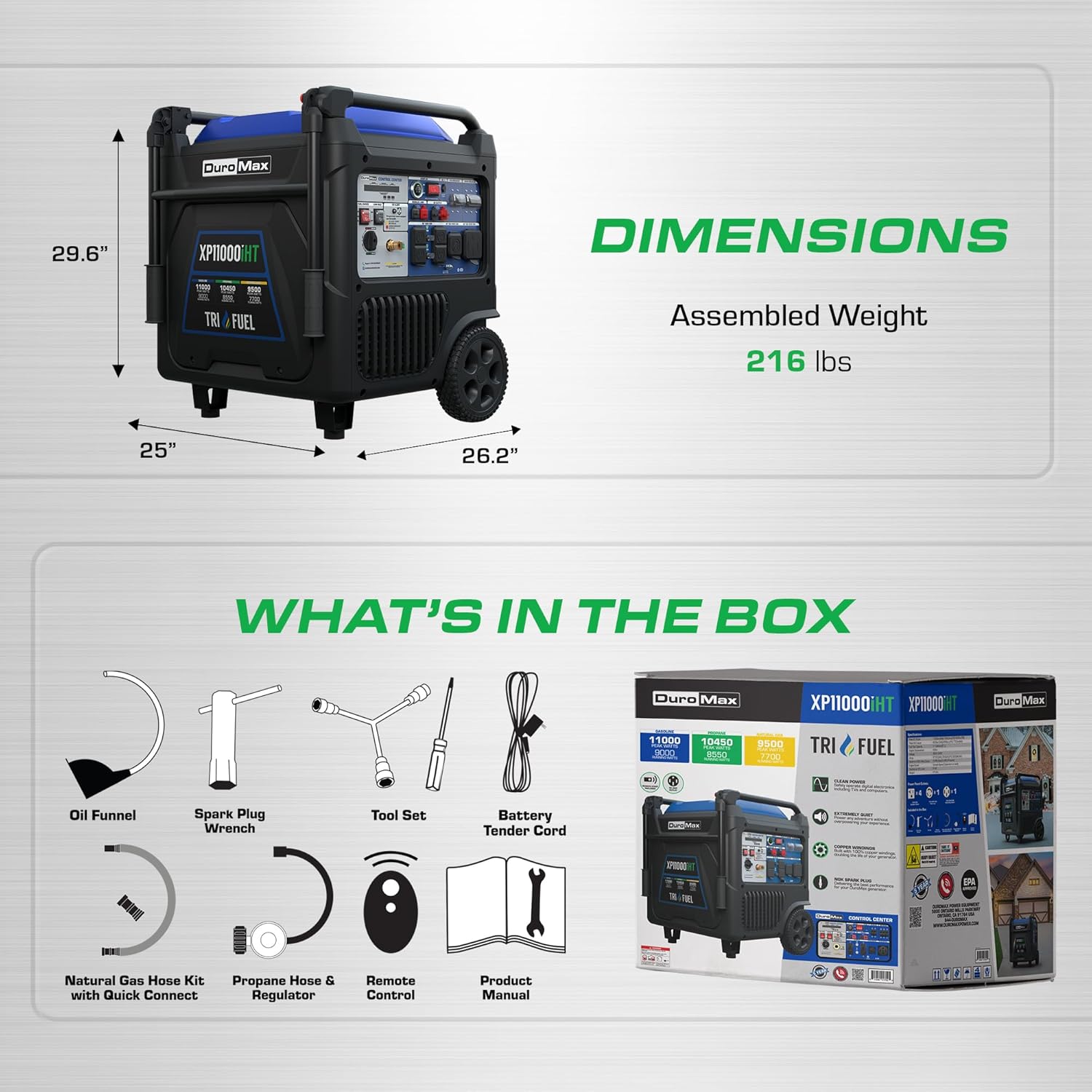 DuroMax XP11000iHT 11,000-Watt Tri Fuel Portable Digital Inverter Generator - Gas, Propane & Natural Gas, Remote Electric Start, Whole Home Power Backup, Transfer Switch Ready, RV & Emergency Ready