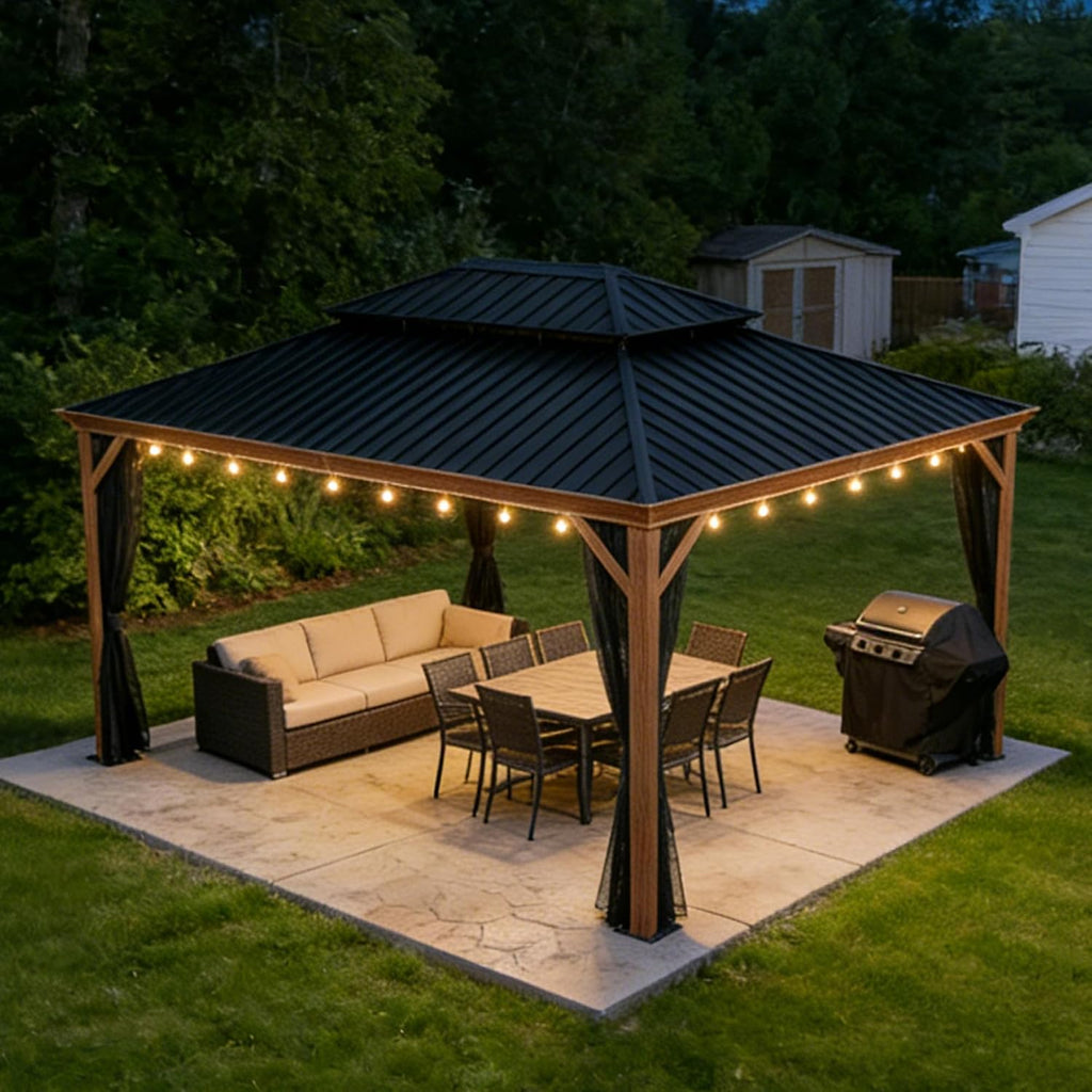 PURPLE LEAF 10' X 16' Outdoor Hardtop Gazebo for Patio Galvanized Steel Double Roof Permanent Canopy Teak Finish Coated Aluminum Frame Pavilion Gazebo with Netting and Lights