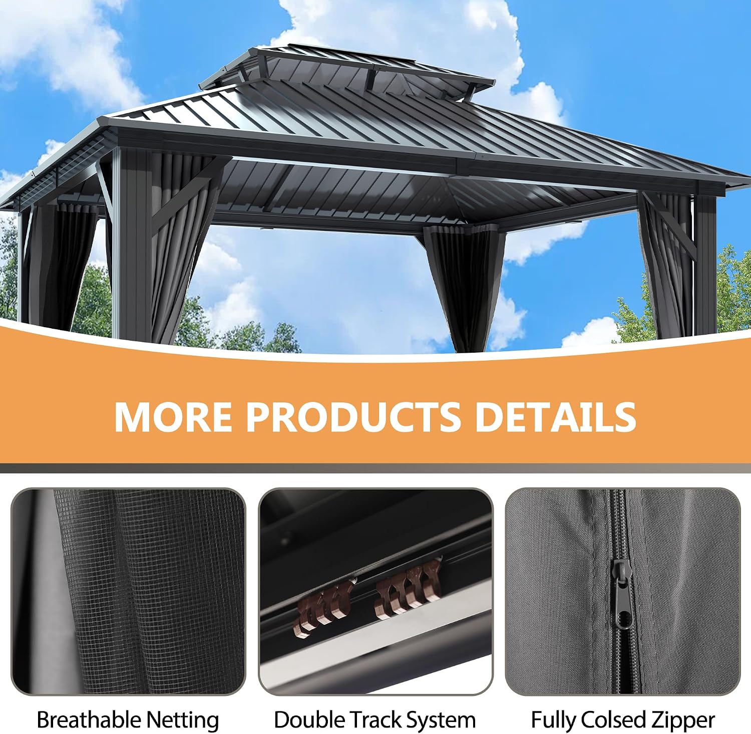 12'x14' Hardtop Gazebo, Outdoor Double Roof Galvanized Steel Gazebo, Aluminum Frame Permanent Pavilion with Curtains & Netting for Backyard, Patio, Deck (12x14)