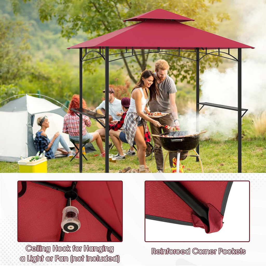 Tangkula 8x5 Ft Grill Gazebo, 2-Tier Barbecue Gazebo with 2 Shelves, 7 Hooks, Metal Frame, Outdoor Grill Canopy for Backyard Garden Poolside (Wine)