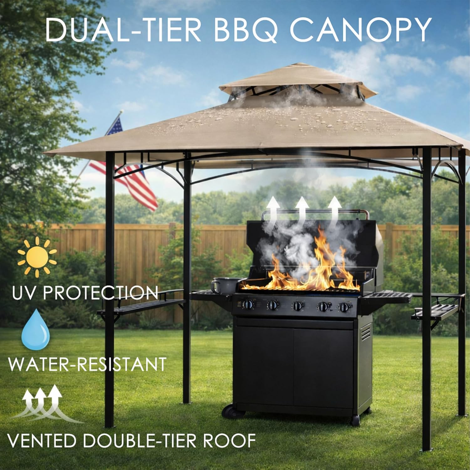 KOZYARD Andra 8' x 5' BBQ Grill Gazebo Canopy Tent, Soft Top Vented Roof, Steel Frame with Side Shelves & Utensil Hooks, 4 Magnetic Detachable LED Lights, Outdoor Grill Shelter
