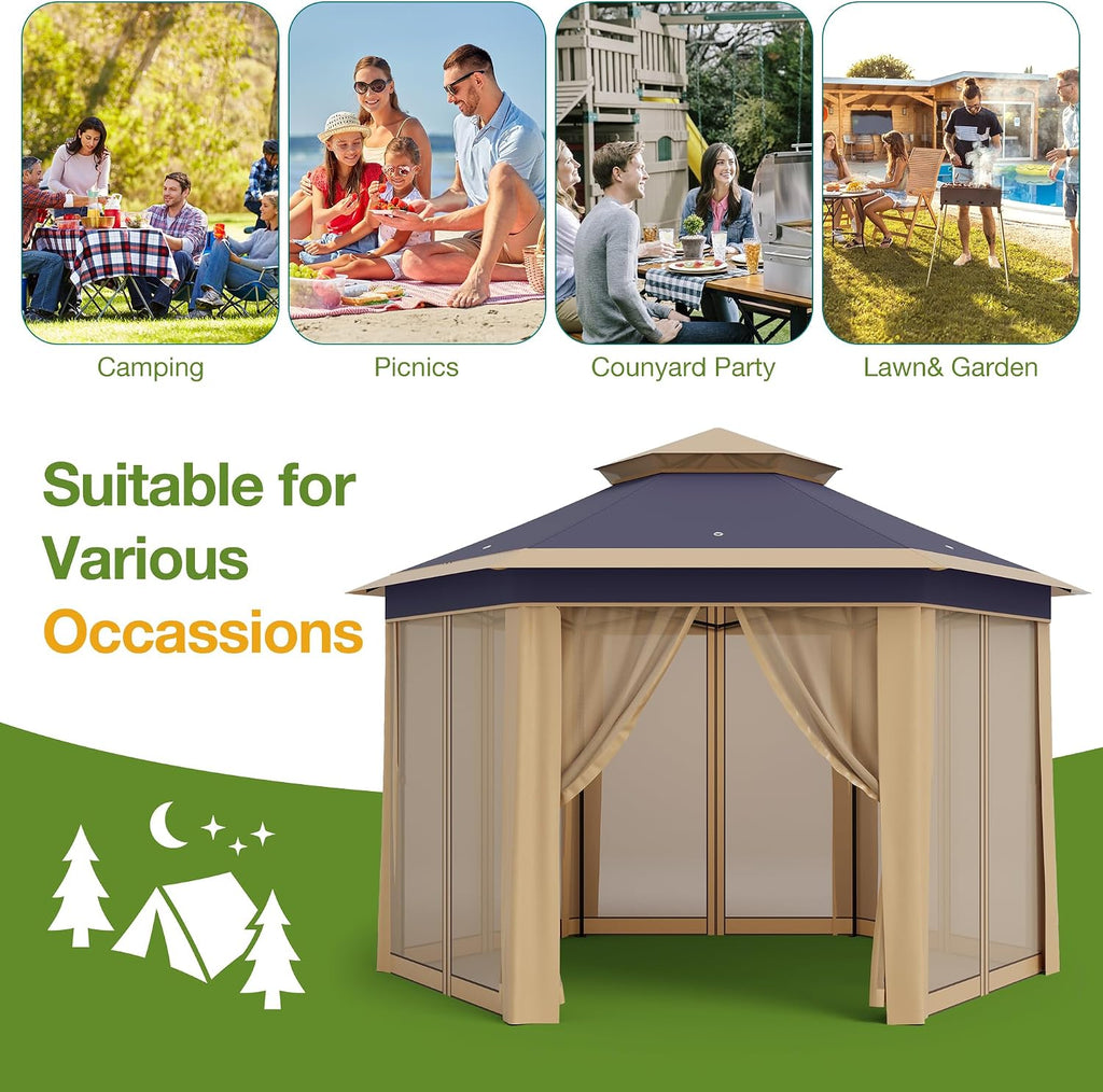 Pop-Up Gazebo 13 * 13 ft 6 Sided, Canopy Tent with Mesh Windows & Portable Carry Bag, Adjustable Tent Outdoor Pergola for Backyard & Patio Furniture (Khaki)