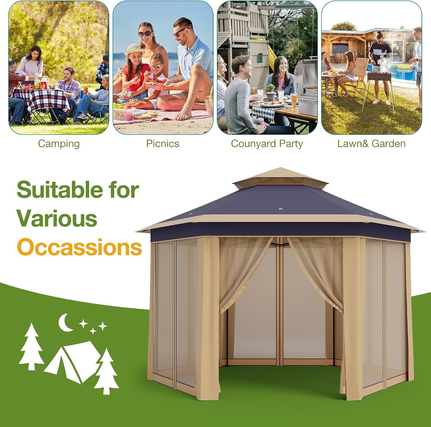 Pop-Up Gazebo 13 * 13 ft 6 Sided, Canopy Tent with Mesh Windows & Portable Carry Bag, Adjustable Tent Outdoor Pergola for Backyard & Patio Furniture (Khaki)