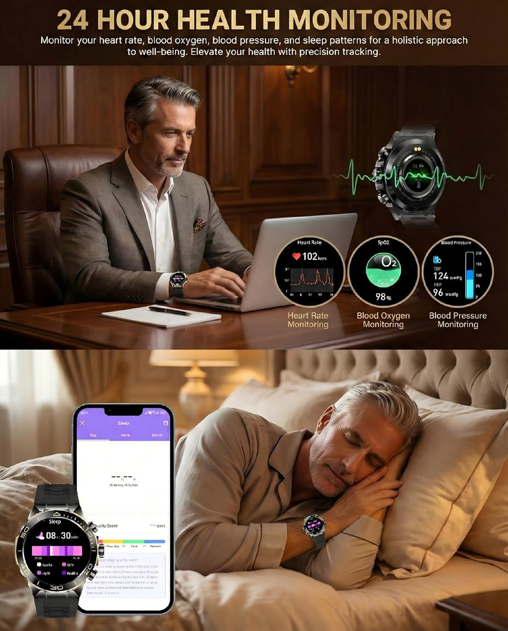 SOUYIE Men's Smart Watch with Bluetooth Call, 1.43' AMOLED Round Dial, Luxury Stainless Steel & Silicone Bands, Business Sport Fitness Tracker, Heart Rate/Blood Pressure/Sleep Monitor for iOS Android