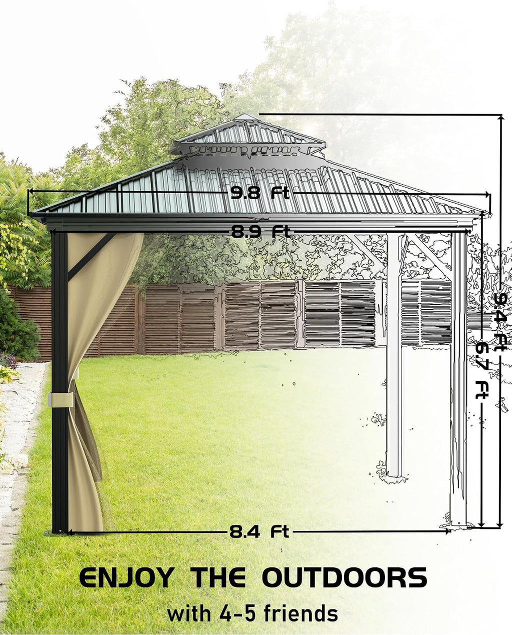 GarveeLife Hardtop Gazebo 10 ft x10 ft for All Weather, with Double Metal Roof, Aluminum Alloy Frame, Net, and Curtain, Permanent Building for Patio, Deck, Backyard, Lawn, and Garden
