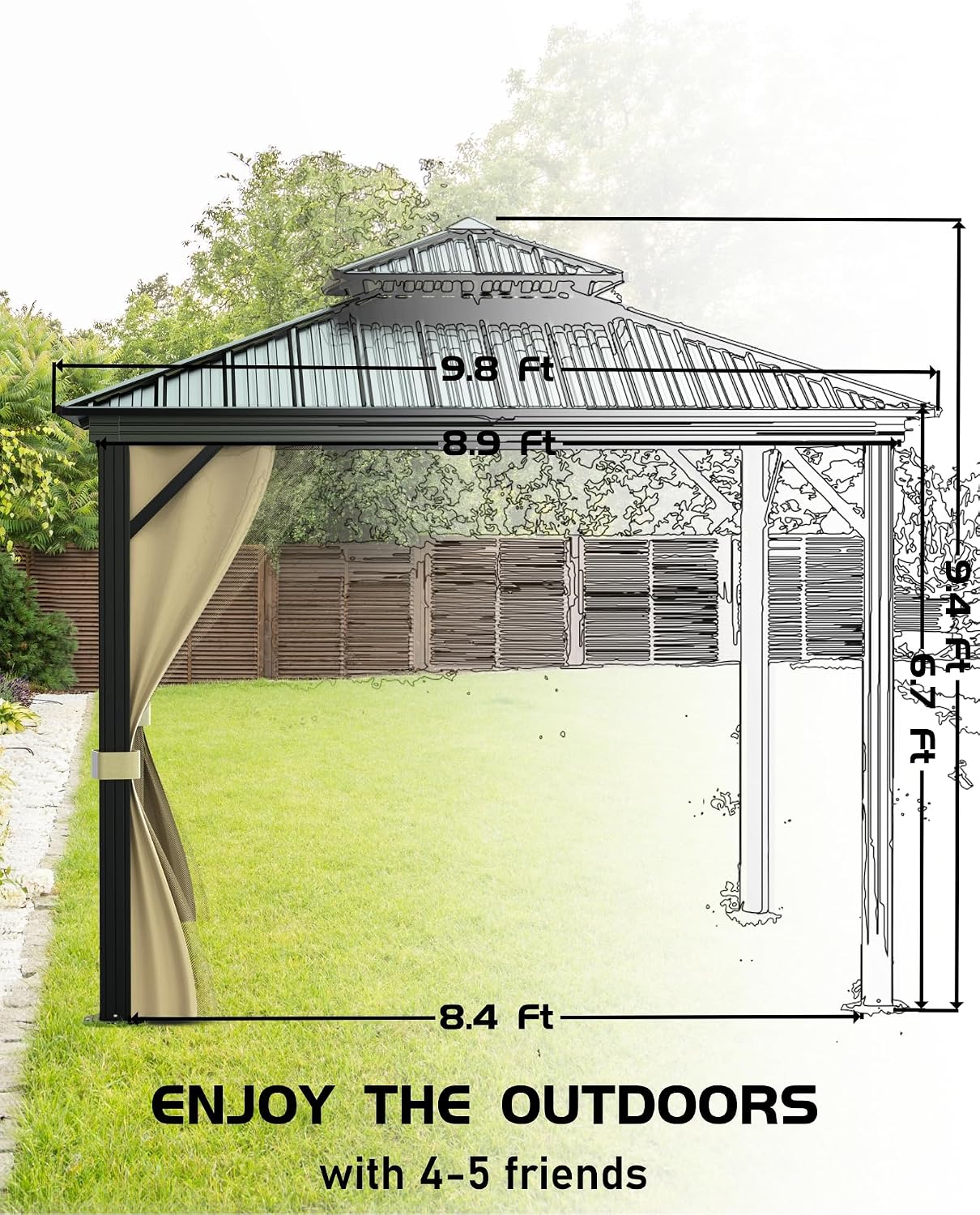 GarveeLife Hardtop Gazebo 10 ft x10 ft for All Weather, with Double Metal Roof, Aluminum Alloy Frame, Net, and Curtain, Permanent Building for Patio, Deck, Backyard, Lawn, and Garden