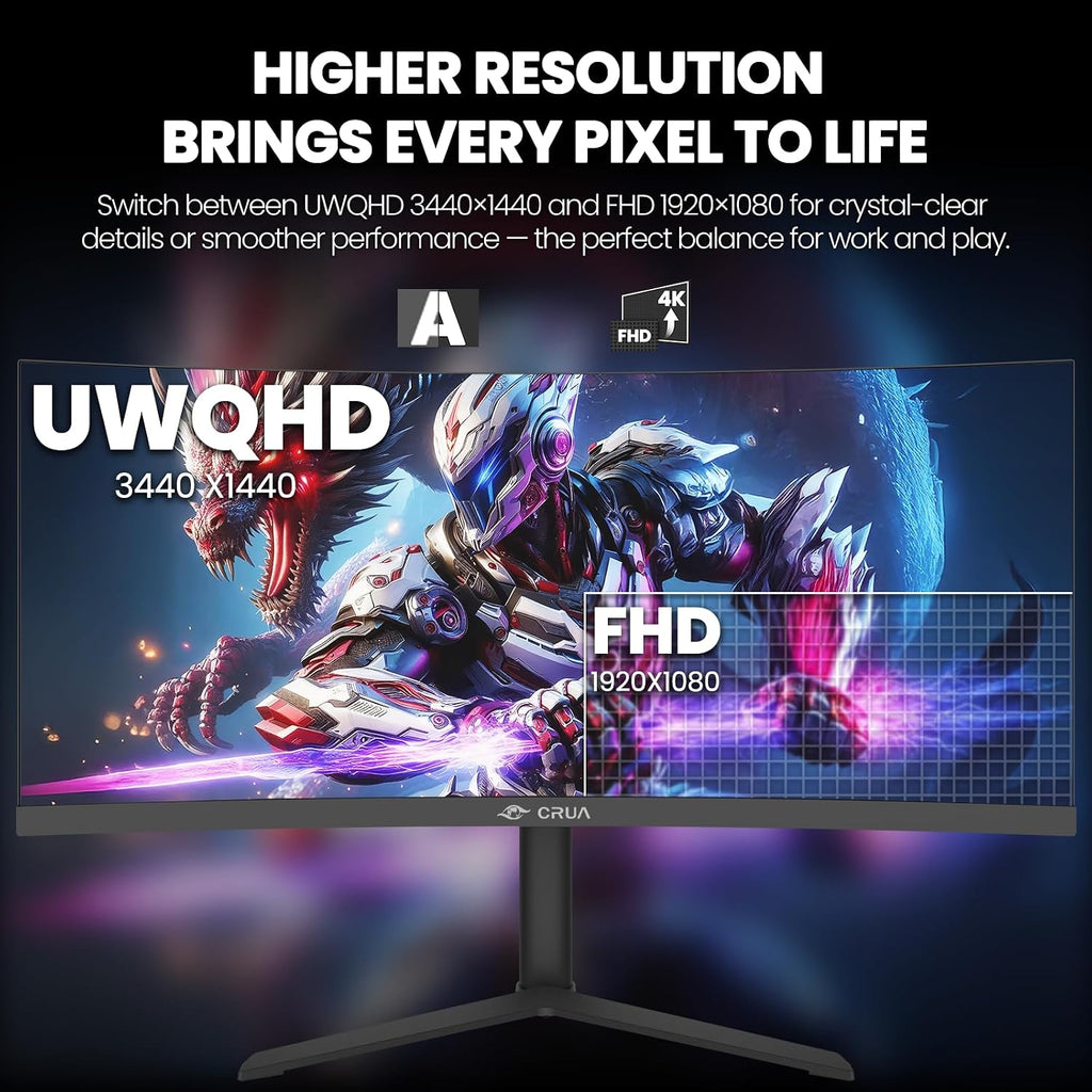 CRUA 34' Curved Gaming Monitor, 165Hz WQHD 3440x1440 UltraWide 21:9 VA, 3800R, 120% sRGB, AMD FreeSync, Built-in Speakers, Height Adjustable, Wall Mountable PC Monitor for Gaming, Streaming & Work