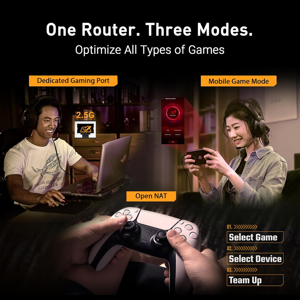 ASUS TUF Gaming BE6500 WiFi 7 Router - Dual-Band, Up to 6.5 Gbps Wireless, Game Accelerator, Multi-Link Operation (MLO), (x4) 2.5GbE Ports, Mesh + VPN Compatible, & Subscription-Free Network Security