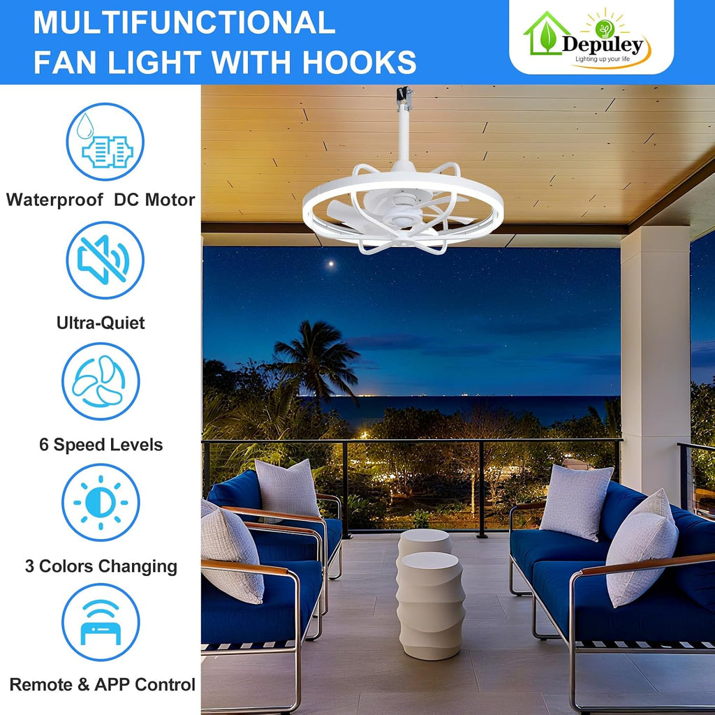 Depuley 20' Outdoor Ceiling Fan with Lights, White Waterproof Gazebo Hanging Fan with Remote App Control, Dimmable Plug in Caged outdoor Ceiling Fans for patios Porch 6-Speeds