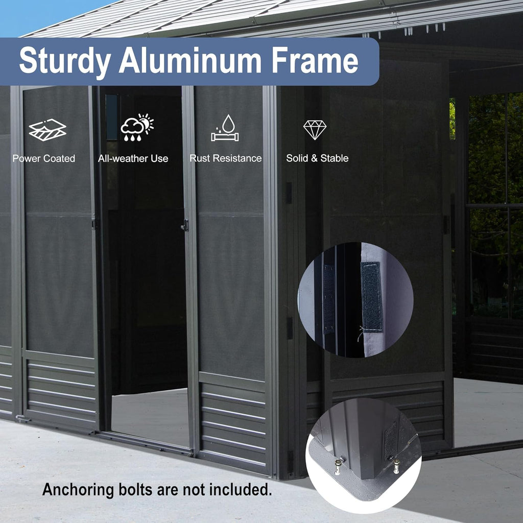 Domi 11x21FT Extended Outdoor Sunroom Kit, 4 Season Patio Solarium, Prefab Sunroom Kit with Aluminum Frame, Permanent Enclosed Gazebo with Curtains & Netting, 2 Sliding Doors, Movable PVC Windows