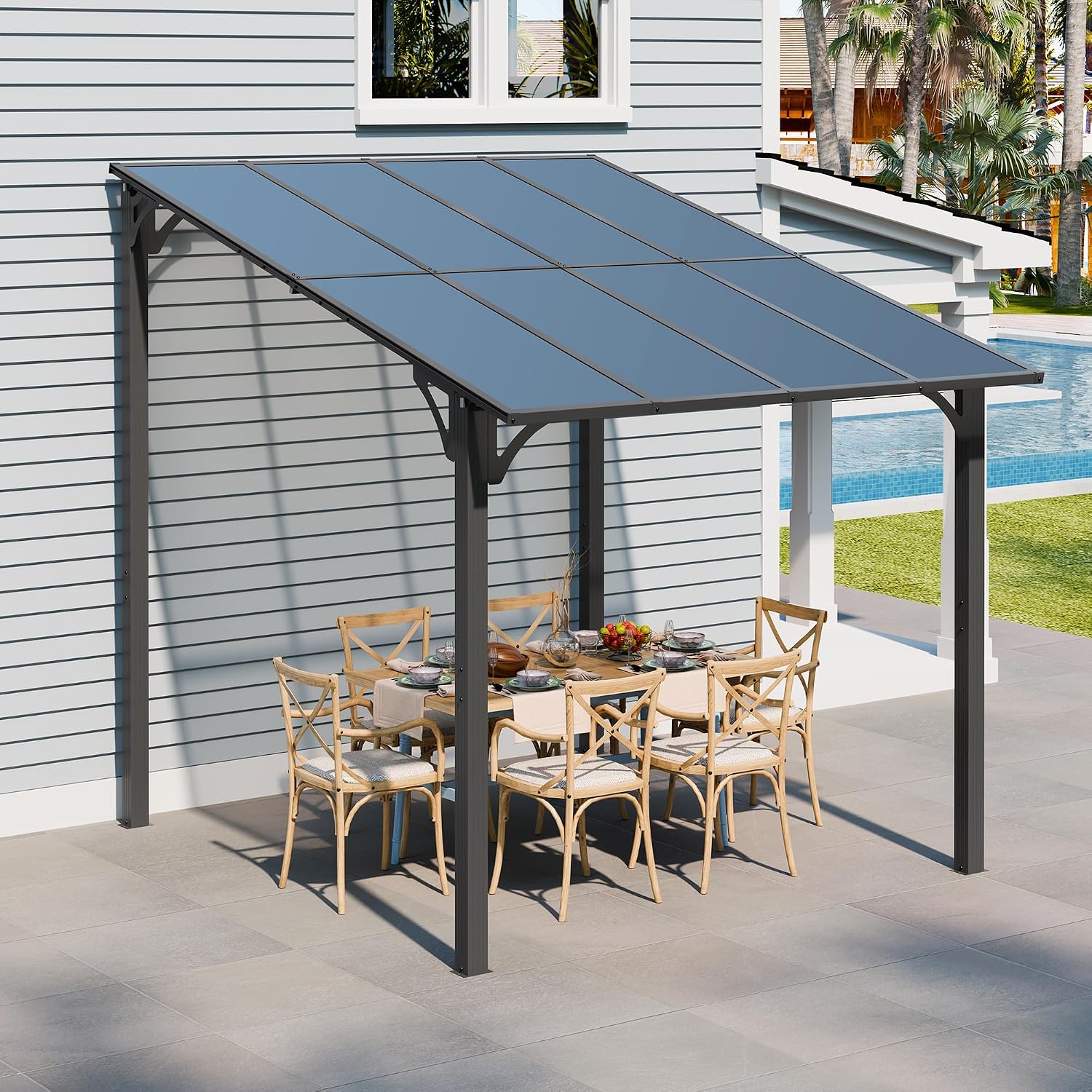JY QAQA 8x10FT Outdoor Pergola, Gazebo Pergola with Sloped Roof, Large Wall Mounted Heavy Duty Awning for Patio, Deck, Backyard Outdoor pergola
