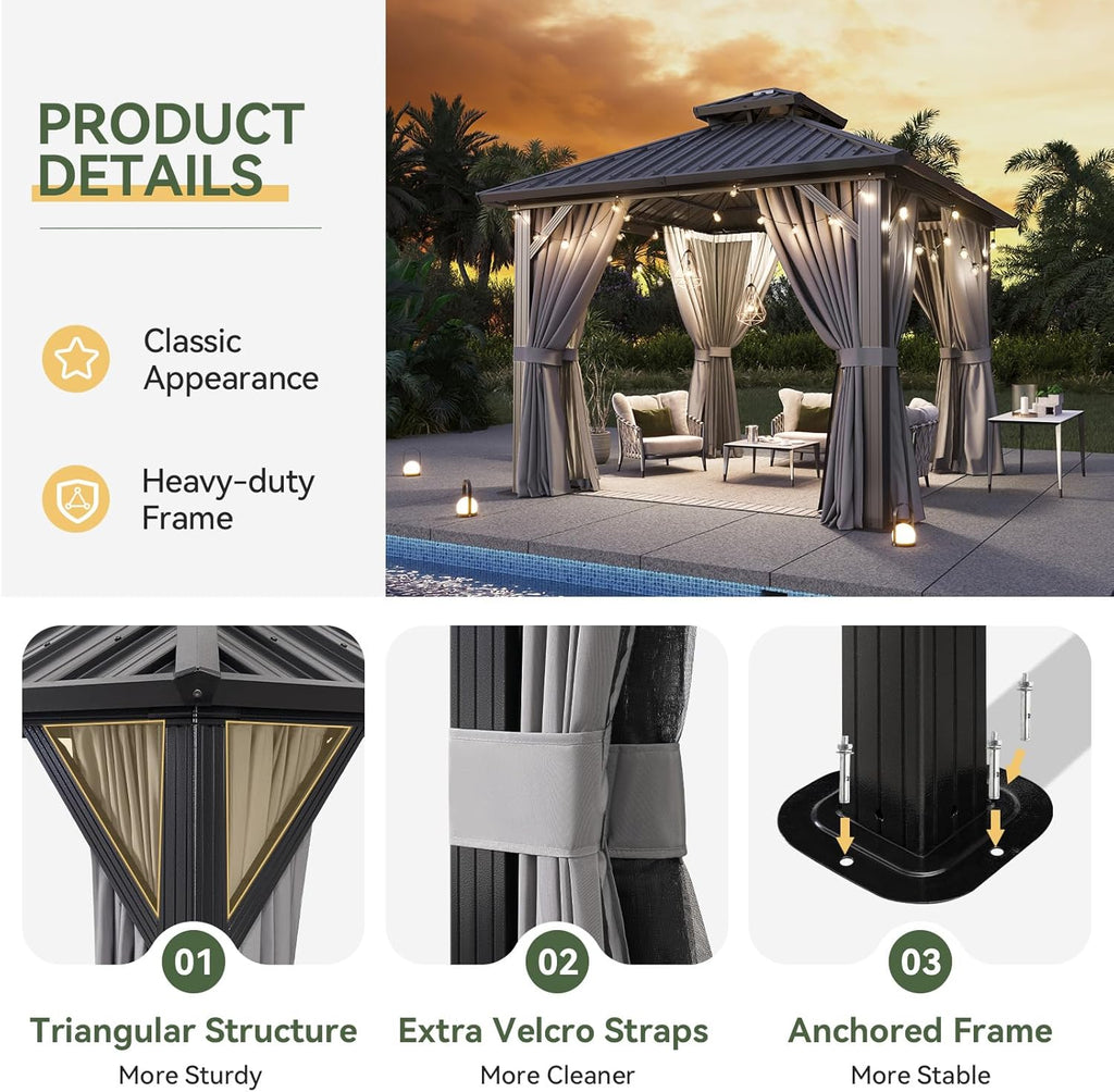 Aoxun 10'x10' Hardtop Gazebo, Permanent Metal Pavilion with Galvanized Steel Double Roof, Outdoor Pregola for Lawn, Garden, Patio (Black)