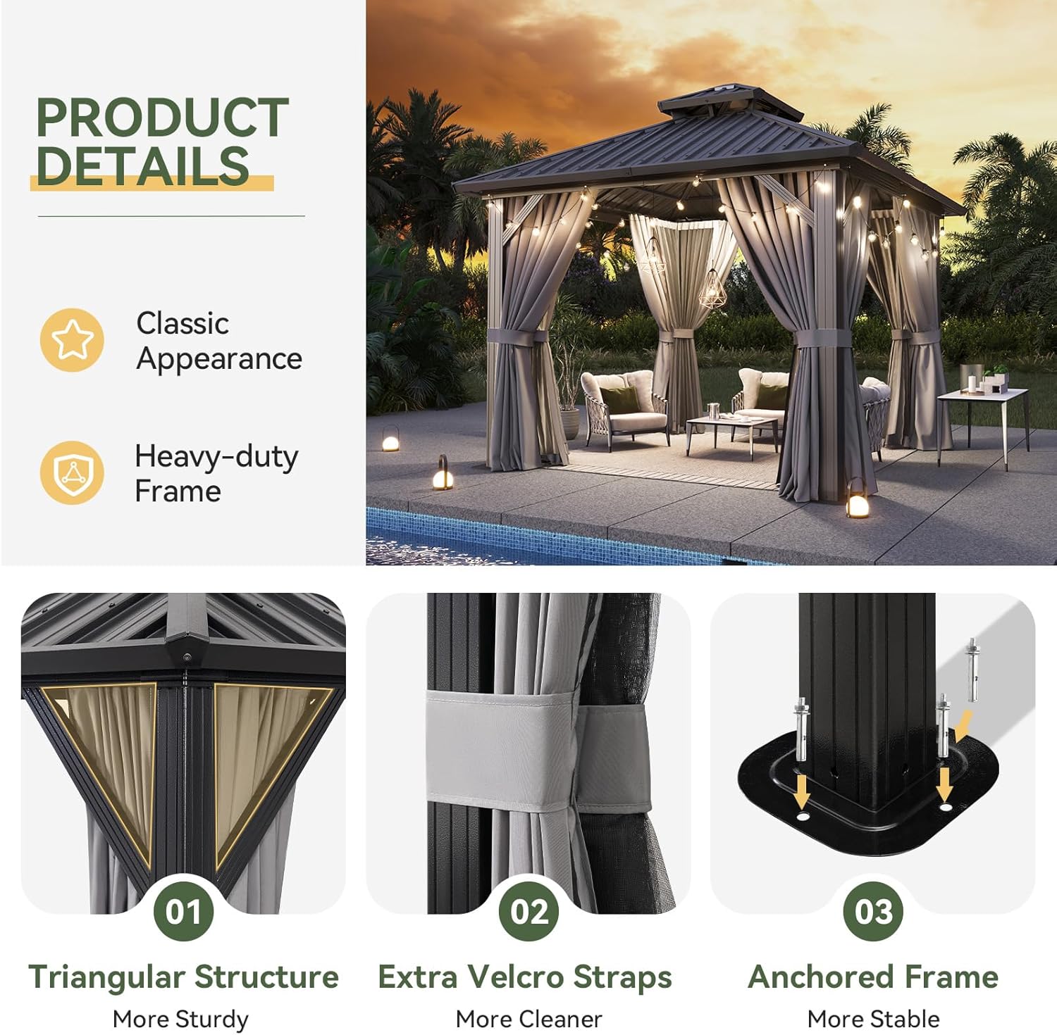 Aoxun 10'x10' Hardtop Gazebo, Permanent Metal Pavilion with Galvanized Steel Double Roof, Outdoor Pregola for Lawn, Garden, Patio (Black)