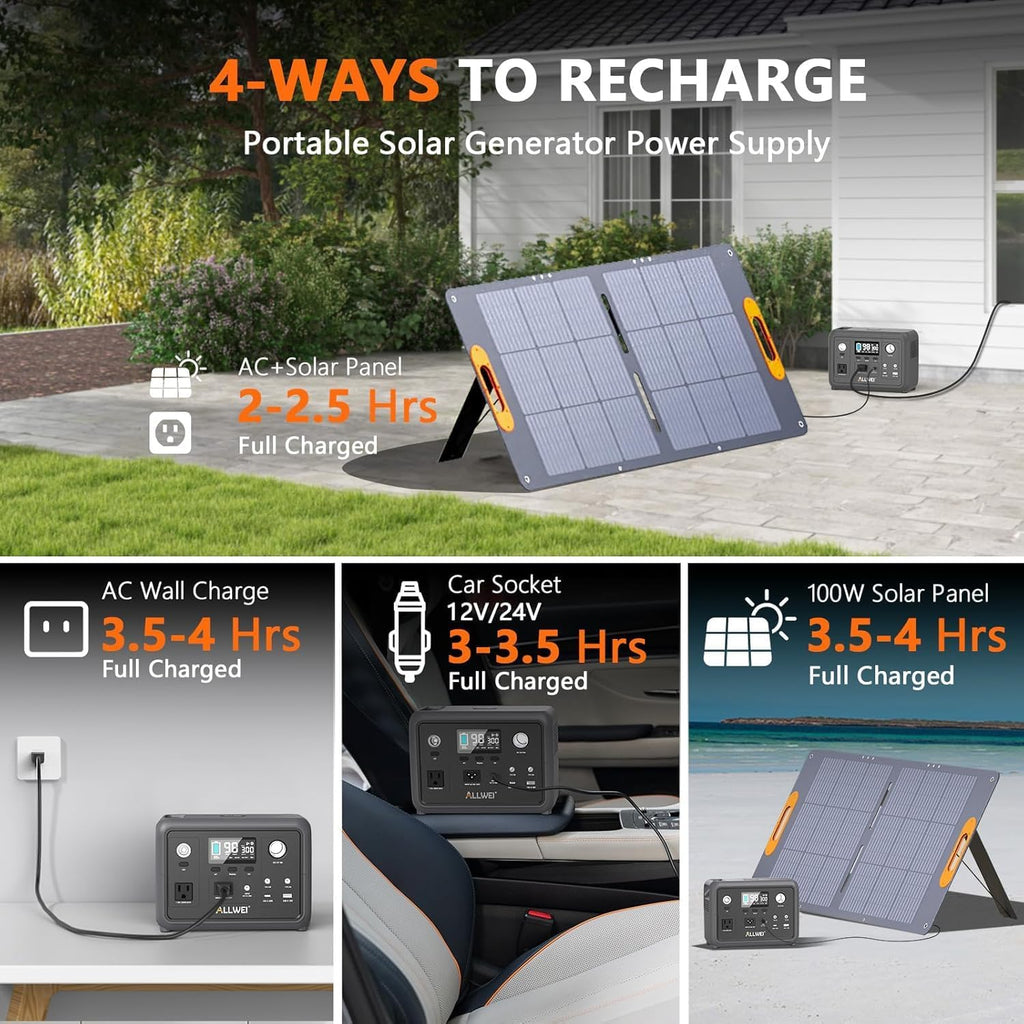 ALLWEI 300W Solar Generator with 100W Solar Panel Included, 256Wh Portable Power Station with AC Outlet USB Port, Solar Powered Battery Generator for Outdoor Camping, Home Backup, Power Outage