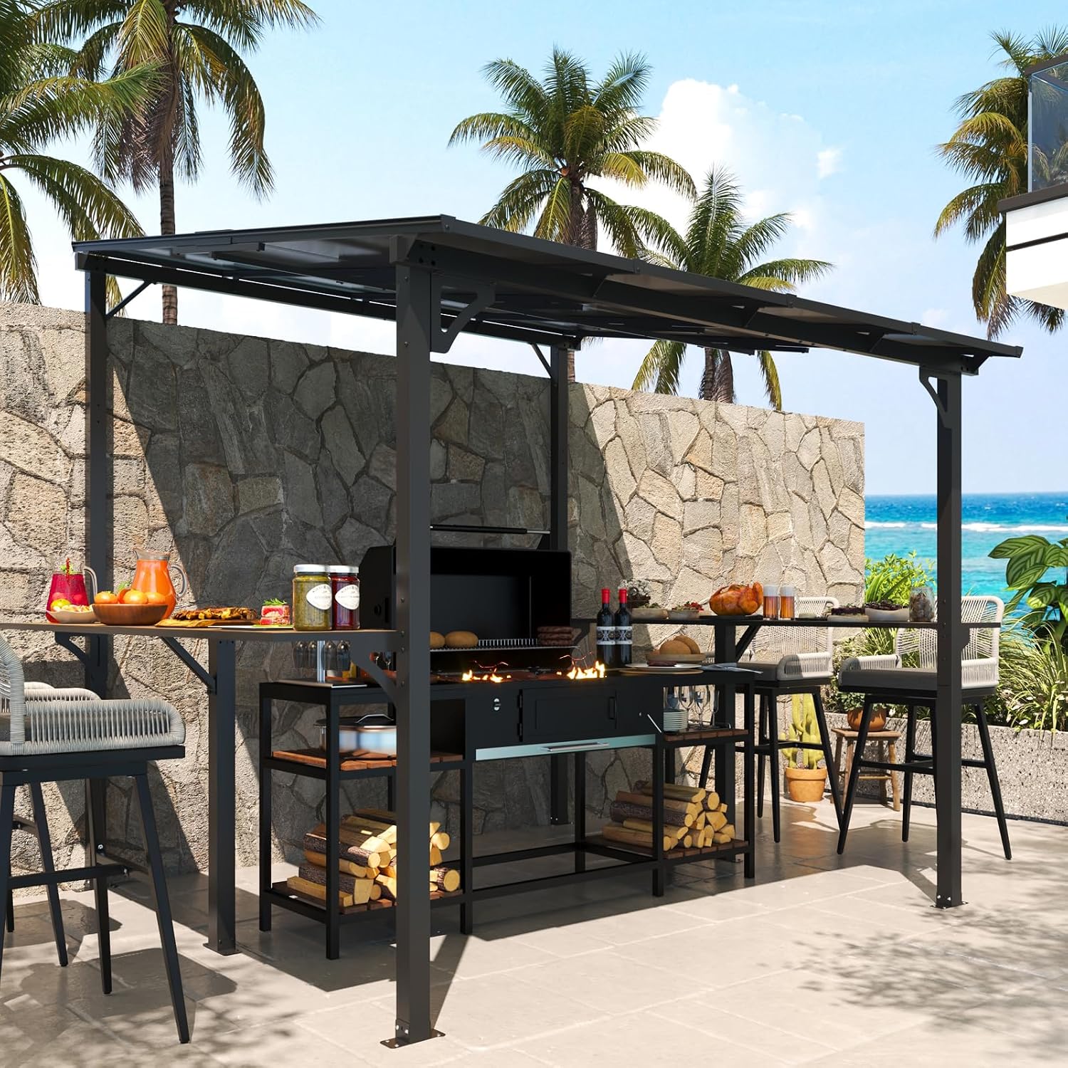 MEISSALIVVE 8' x 8' Wall Mounted Gazebo, Outdoor BBQ Grill Gazebo with Side Shelf, Lean to Metal Awnings with Sloped Roof, Heavy Duty Pergola for Backyard, Deck, Black