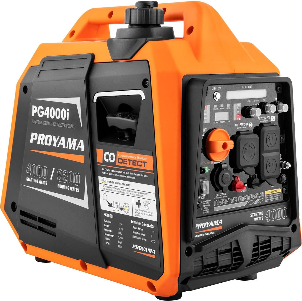 PROYAMA 4000W Portable Gas Inverter Generator, CO Sensor, Digital Interface, RV - Ready, LED Light, ECO - Mode, Parallel Capable, Low Oil Shutoff, Super Quiet and Lightweight with Weatherproof Cover