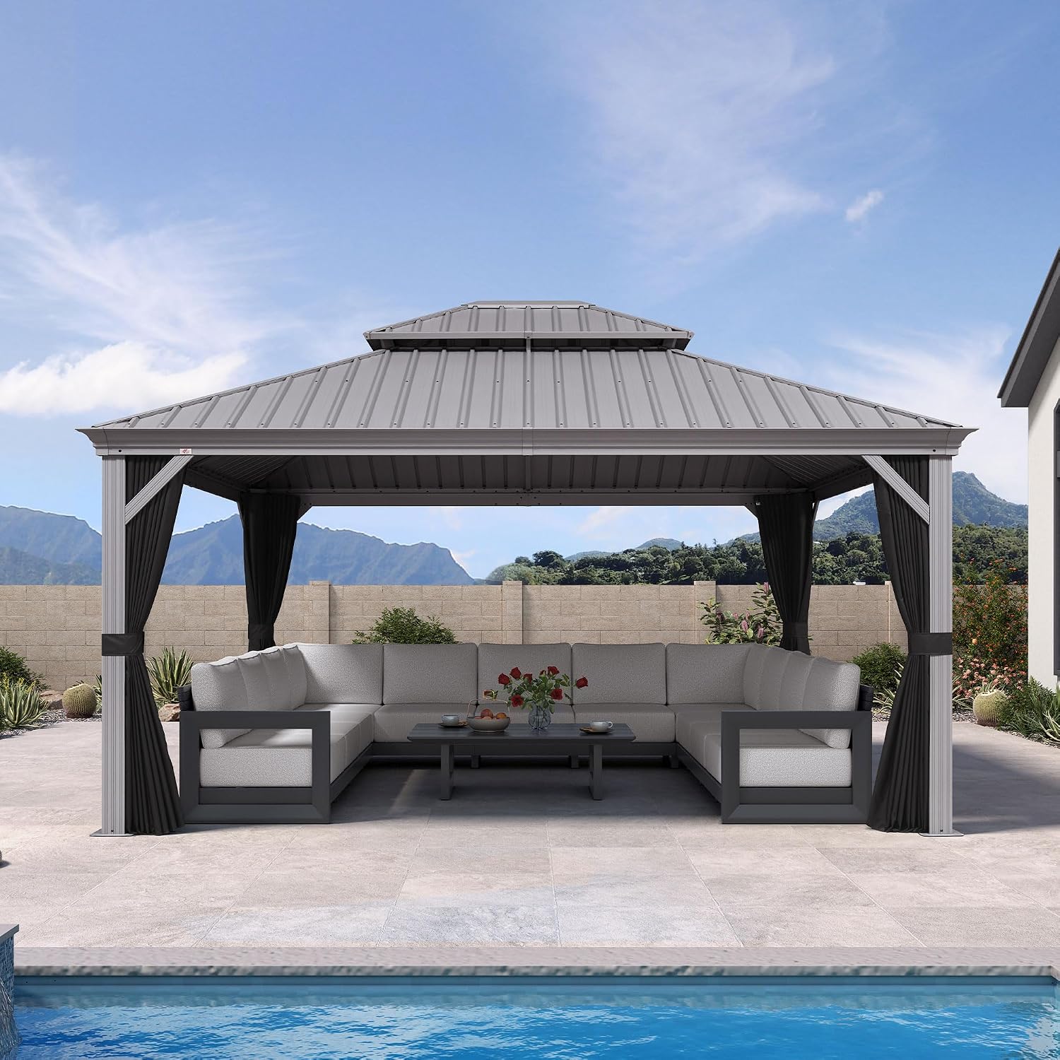 PURPLE LEAF 13' x 15' Hardtop Aluminum Gazebo with Double Metal Roof Heavy Duty Permanent Gazebo for Patio Deck Lawn Garden All Weather Outdoor Pavilion Gazebos, Light Grey