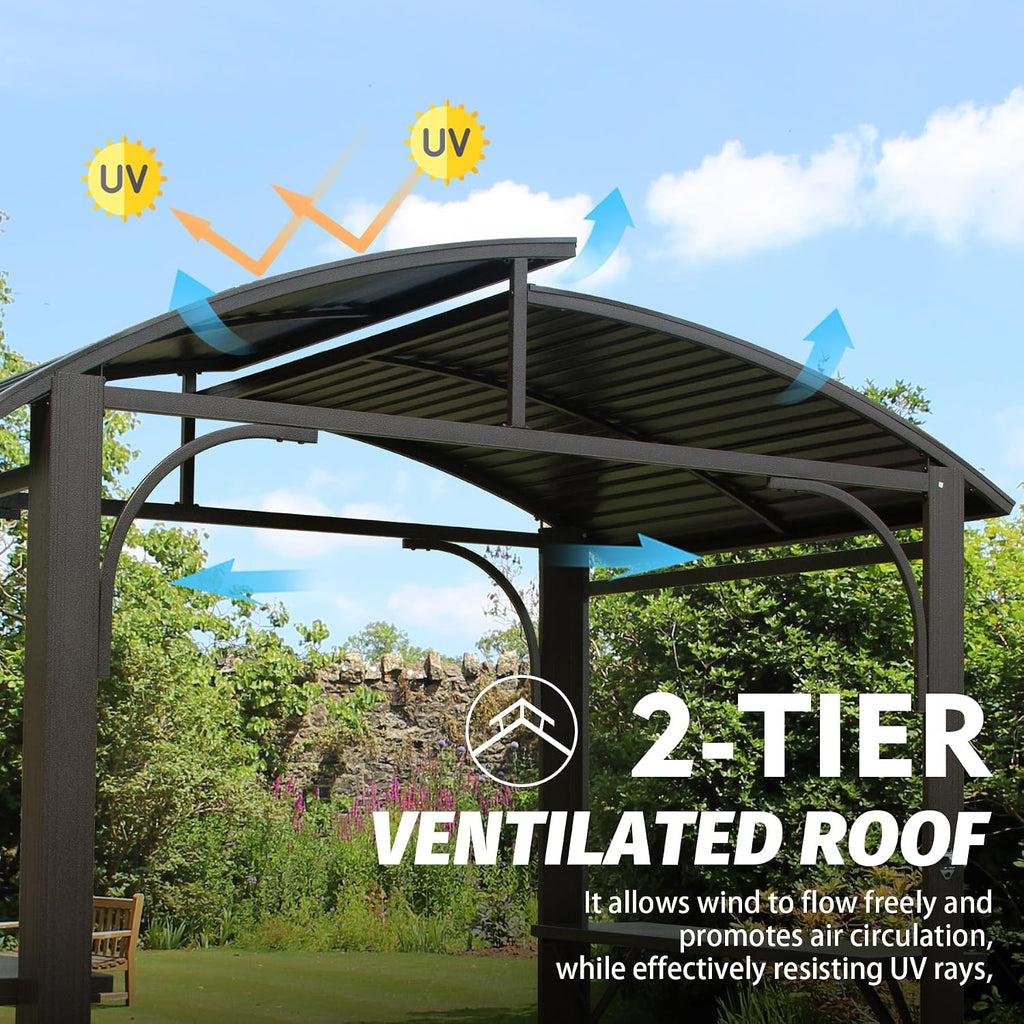 Hardtop Grill Gazebo 8x5FT, Outdoor BBQ Gazebo with Galvanized Steel Double Roof, Permanent Sun Shade Grill Canopy Shelter with 2 Side Shelves and Ceiling Hook for Patio Yard Garden (Brown)