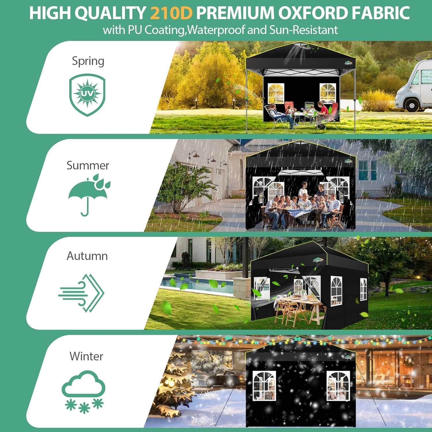 COBIZI 10x10 Pop up Canopy Tent with Sidewalls,One Push Setup Tent for Parties, Waterproof & UV 50+ Outdoor Commercial Gazebo with Air Vent, Reflective Strip,4 Sandbags for Garden, Beach,Black