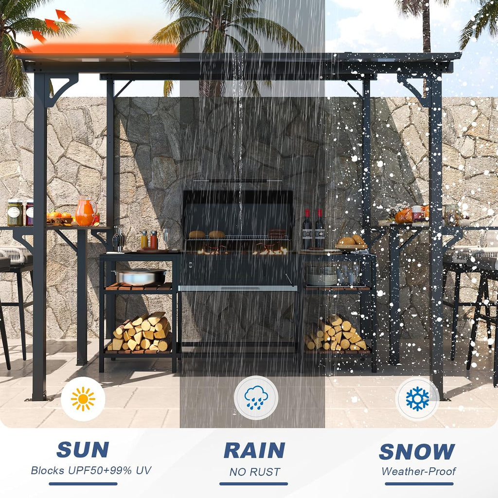 MEISSALIVVE 8' x 8' Wall Mounted Gazebo, Outdoor BBQ Grill Gazebo with Side Shelf, Lean to Metal Awnings with Sloped Roof, Heavy Duty Pergola for Backyard, Deck, Black