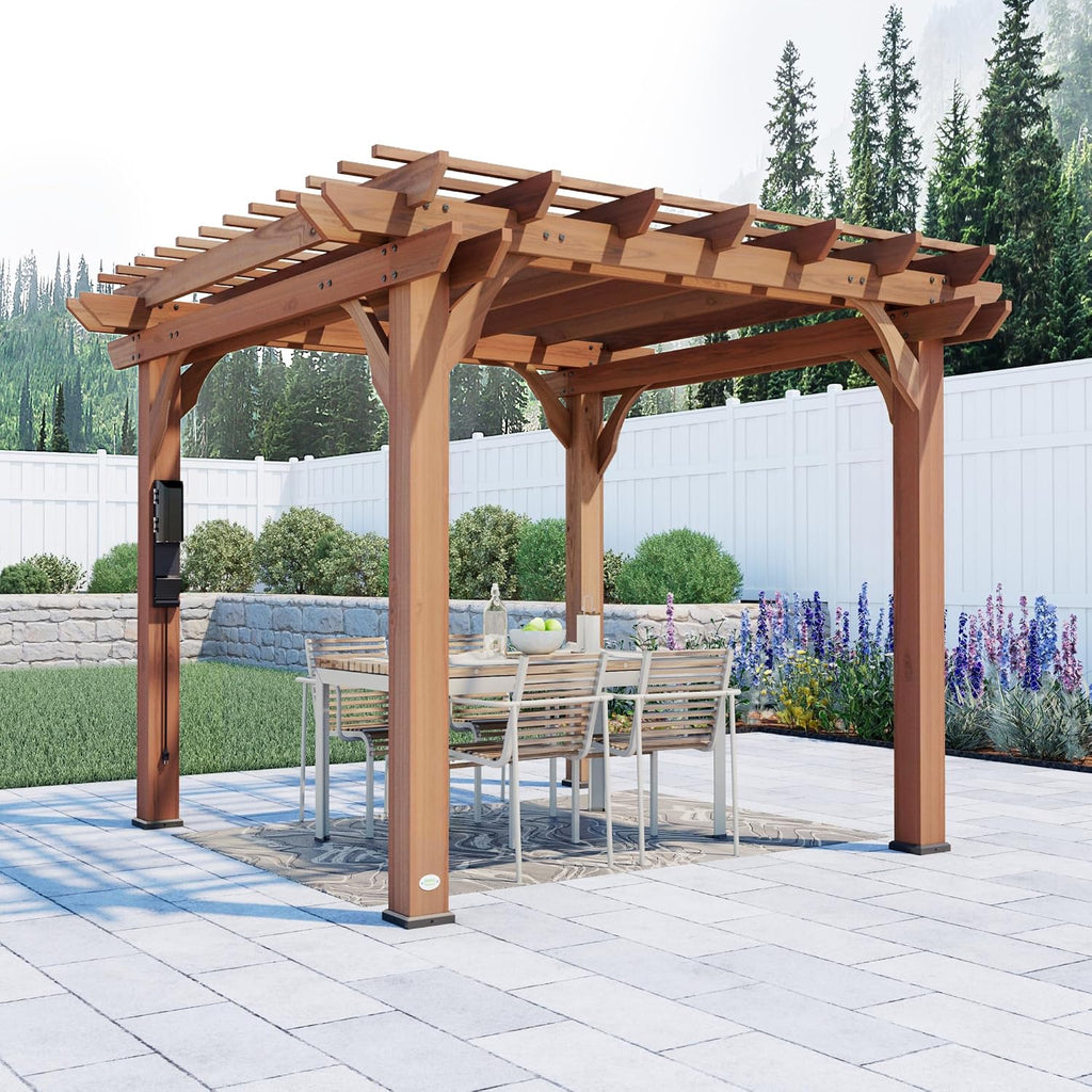 Backyard Discovery Beaumont 10' x 10' Traditional Cedar Wood Pergola Kit with Trellis Roof, All-Season Durability, High-Wind Rating, PowerPort, Shade for Outdoor Patio, Deck, Garden, and Entertaining