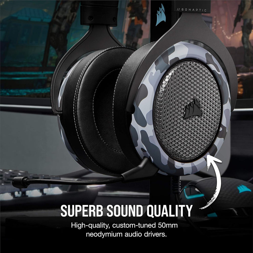 Corsair HS60 Haptic Stereo Gaming Headset with Haptic Bass, Memory Foam Earcups, Removable Microphone, Windows Sonic Compatible, Discord-Certified for PC - Arctic Camo