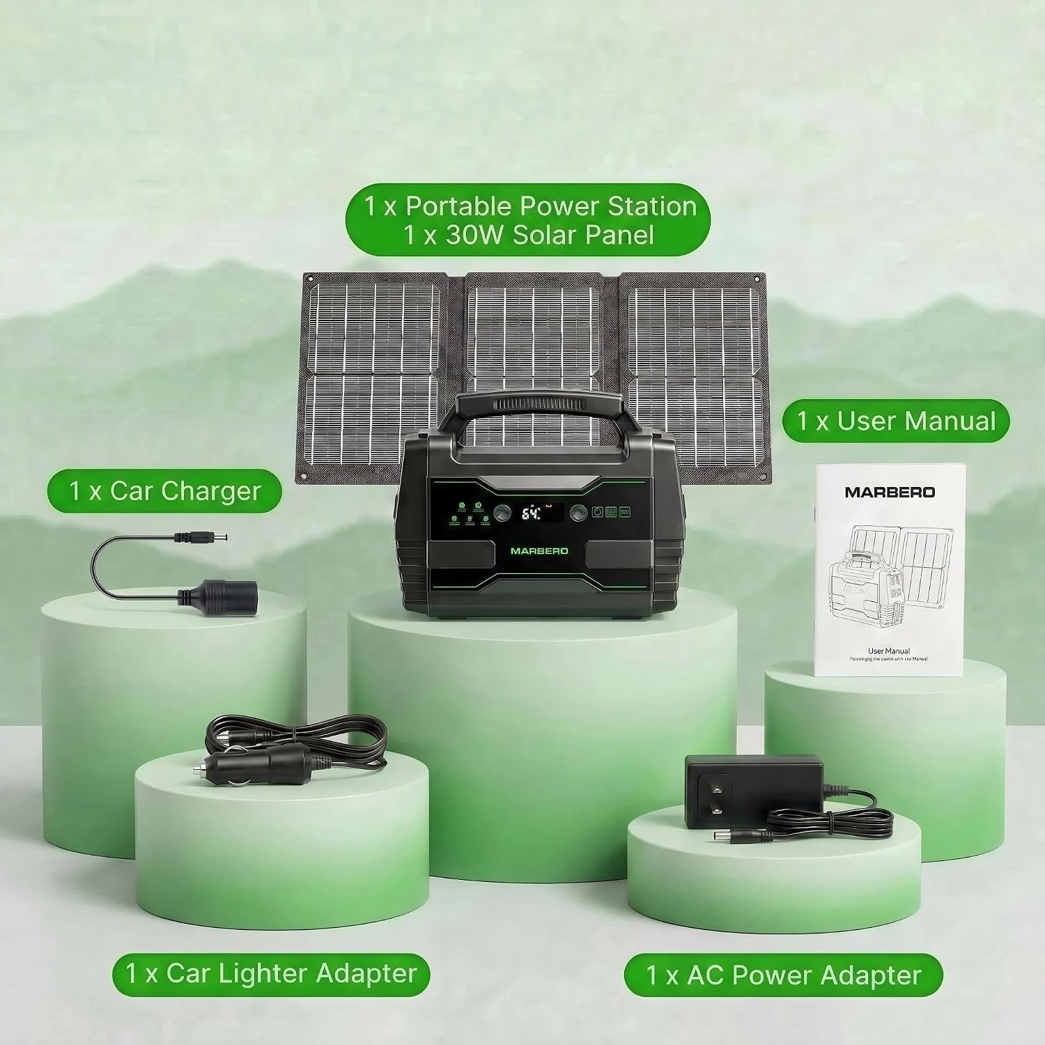 MARBERO Solar Generator 155Wh with 30W Solar Panel Portable Power Station with 2x 100W AC Outlets(Peak 150W), QC3.0 USB UL Certified for Home Blackout, Camping, RV Travel, Ultra-Light & Silent Fan