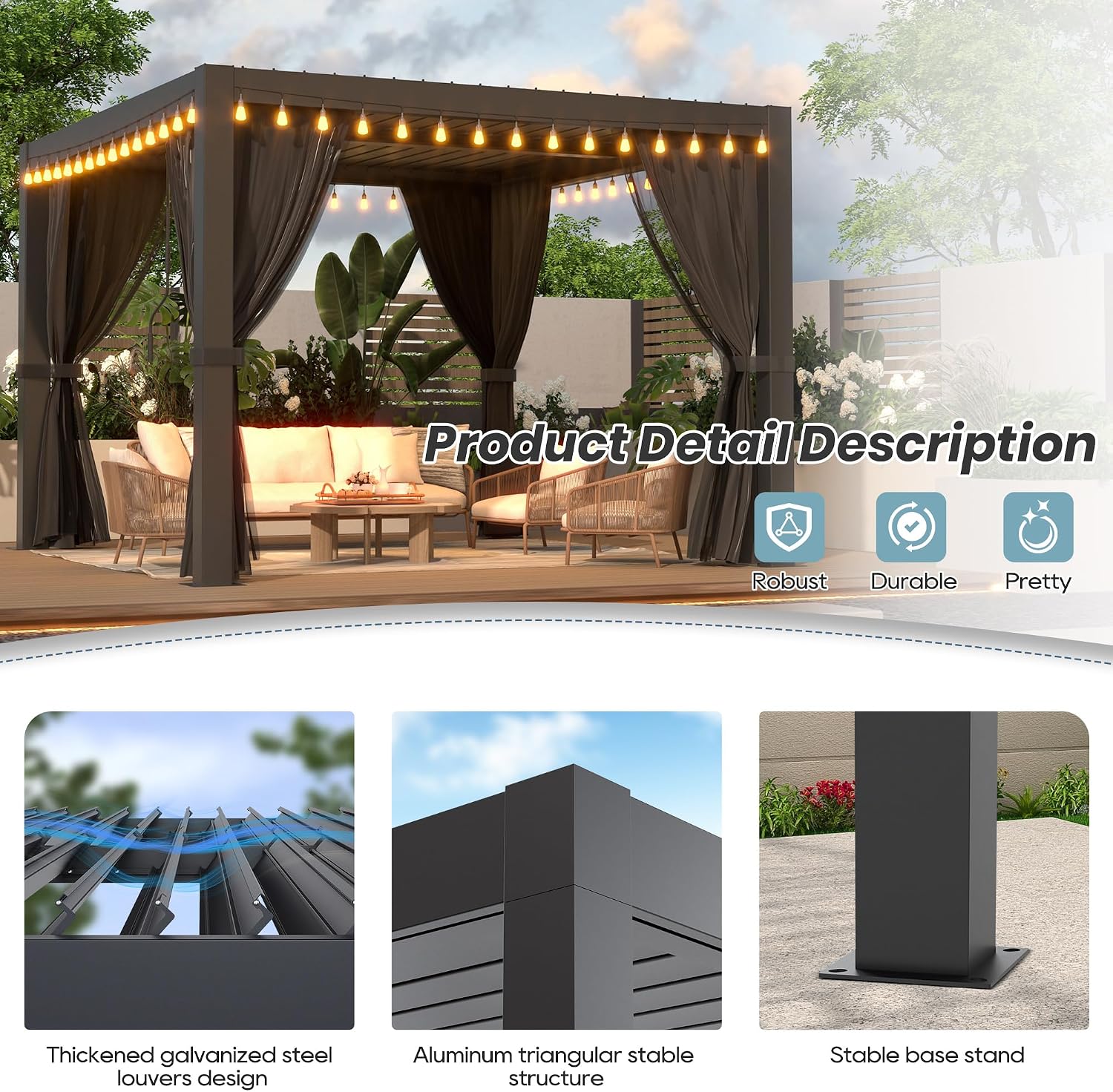 10'×10' Outdoor Louvered Pergola with Clear String Lights, Aluminum Outdoor Louvered Pergola Patio with Adjustable Roof for Outdoor Deck, Backyard, Garden (10x10FT with Light)