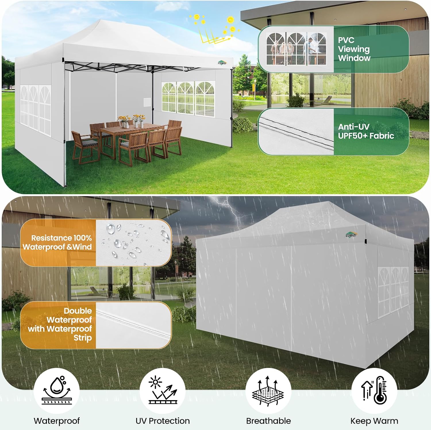 COBIZI 10x15 Pop up Canopy Gazebo 3.0, Easy up Heavy Duty Canopy with 4 Removable Sidewalls, High Stability, All Weather Sunshade 100% Waterproof Outdoor Canopy Tents, White